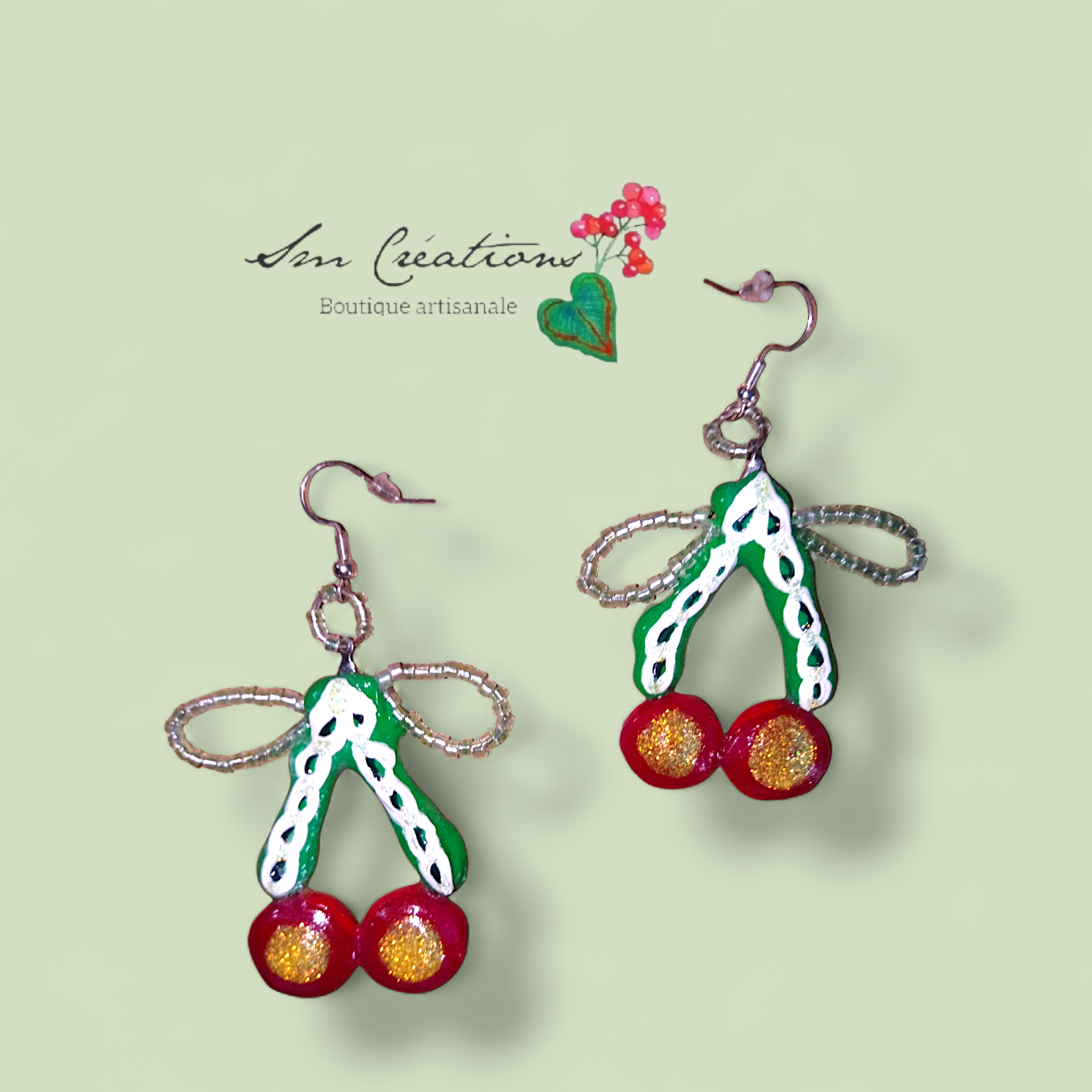 Boucle d'oreille artistique |''Cerise en dentelle ''| 95% Naturel Fais Main