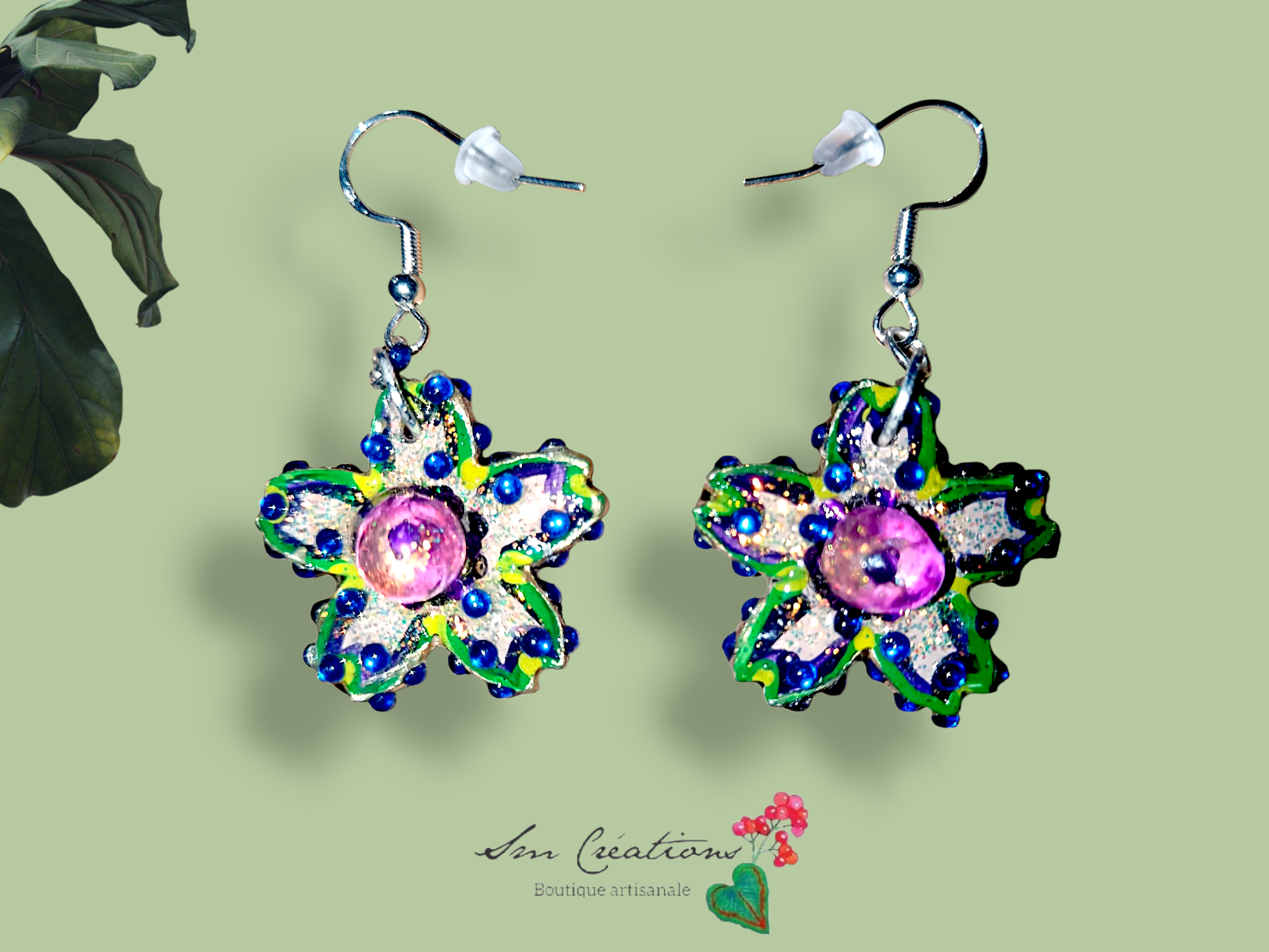 Boucle d'oreille artistique |''Fleurs galactique'' Flowers Pop| 95% Naturel Fais Main