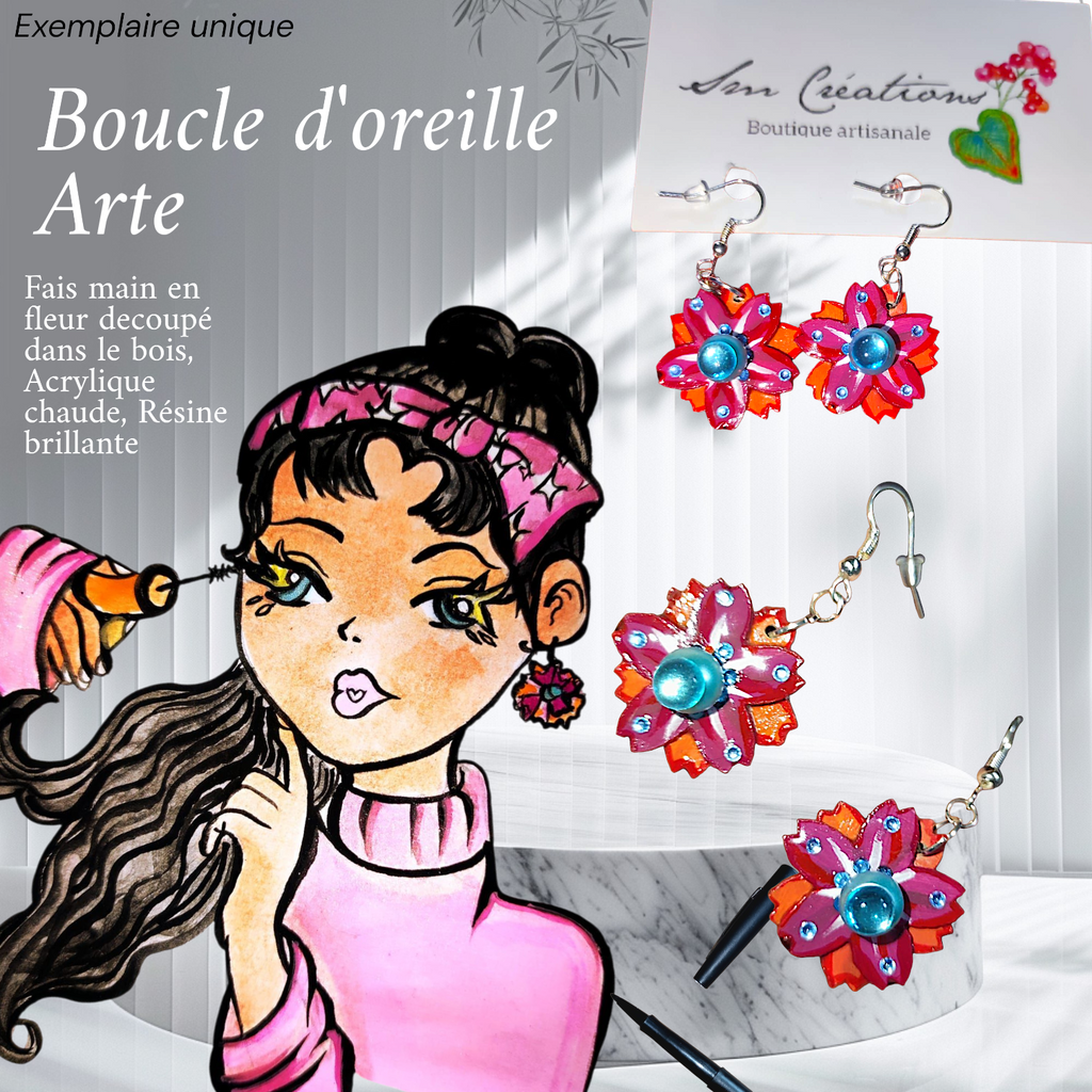 Boucle d'oreille Arte en fleurs orange et bleu| 95% naturel type Bohème Chic