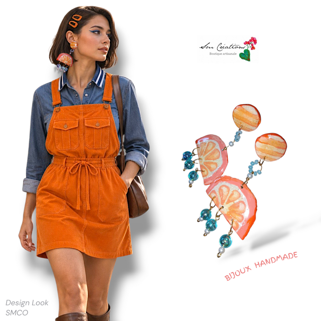 Boucle d'oreille pendante ''Orange bleu'' Fais main