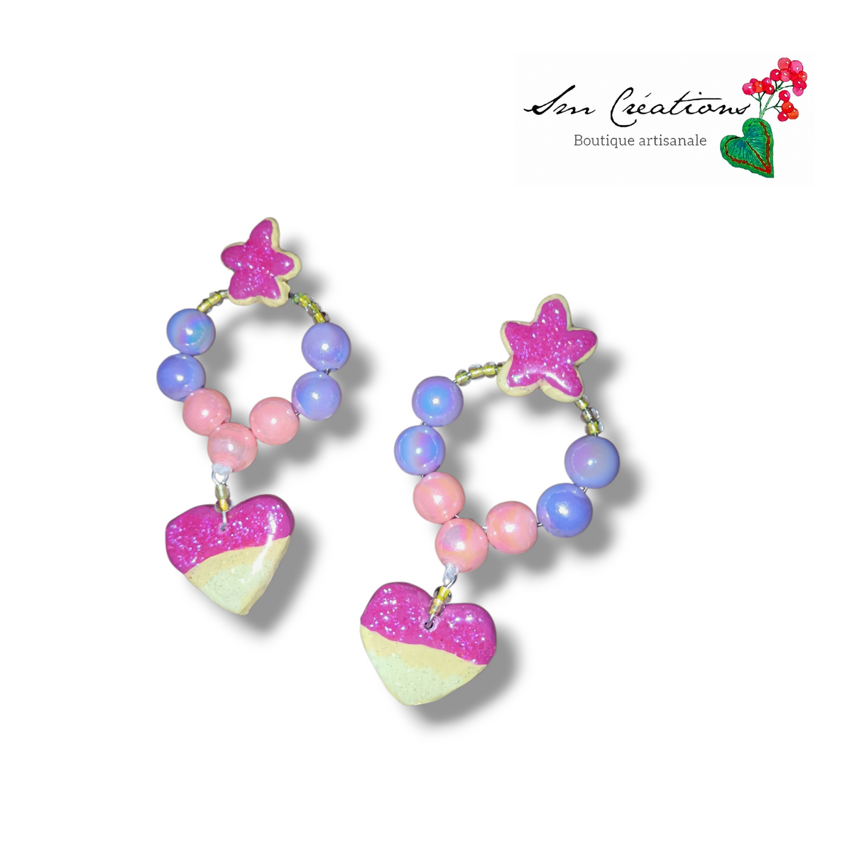 Boucle d'oreille handmade Coeur et étoiles de mer à paillette
