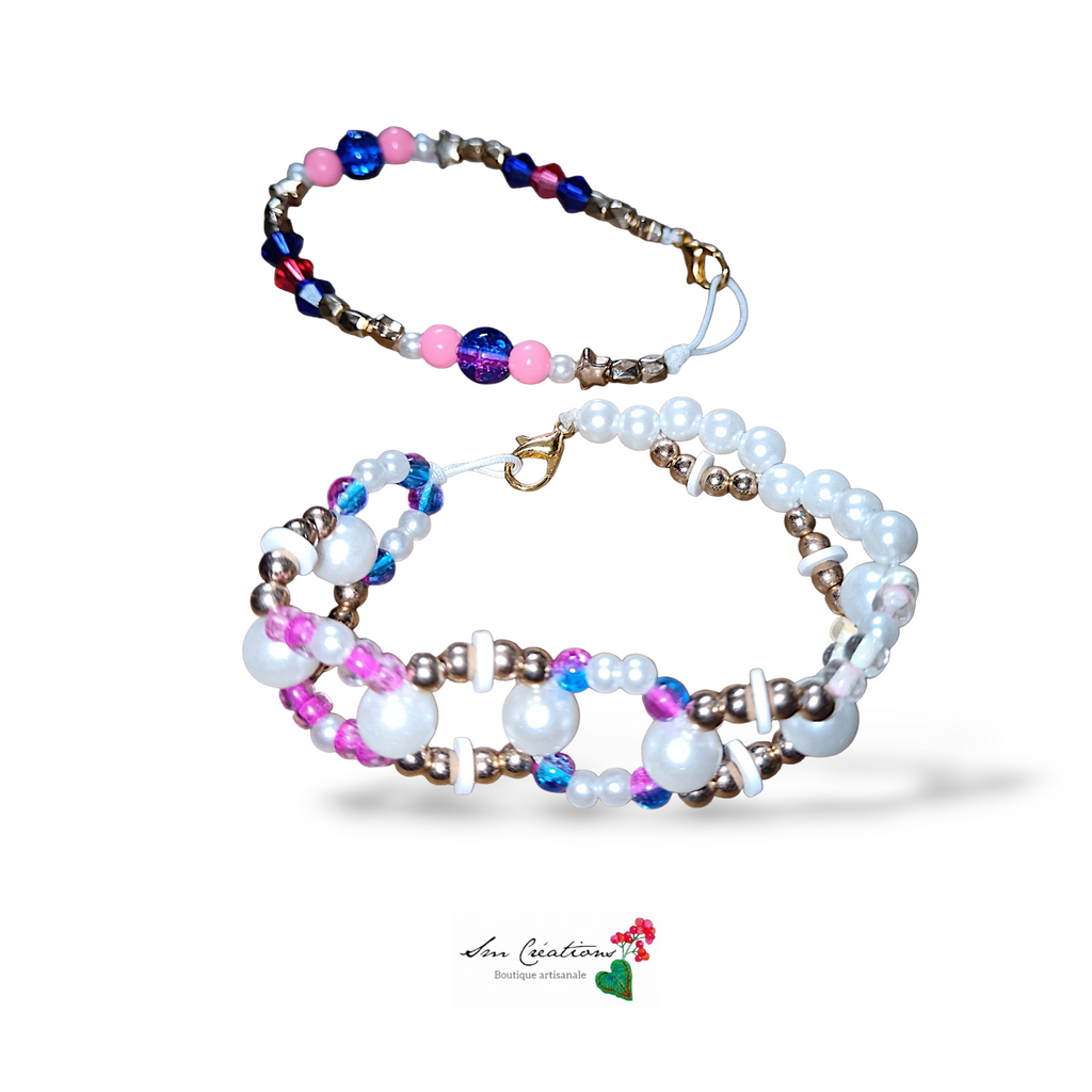 Ensemble de bijoux fais main Couleurs Or/ Rose bonbon / Bleu nuit