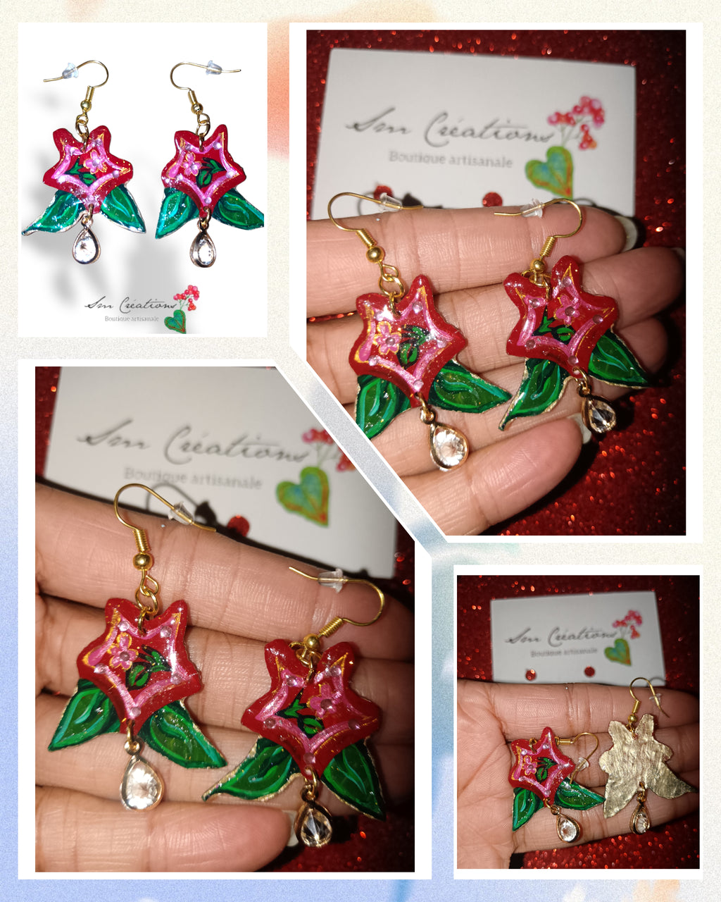 Boucle d'oreille artistique |''Fleurs rouge de saison'' Flowers Pop| 95% Naturel Fais Main
