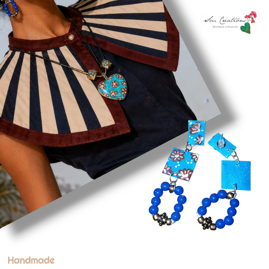 Collier coeur artisanal/ Boucle d'oreille - Bleu et Marron - Exemplaire unique