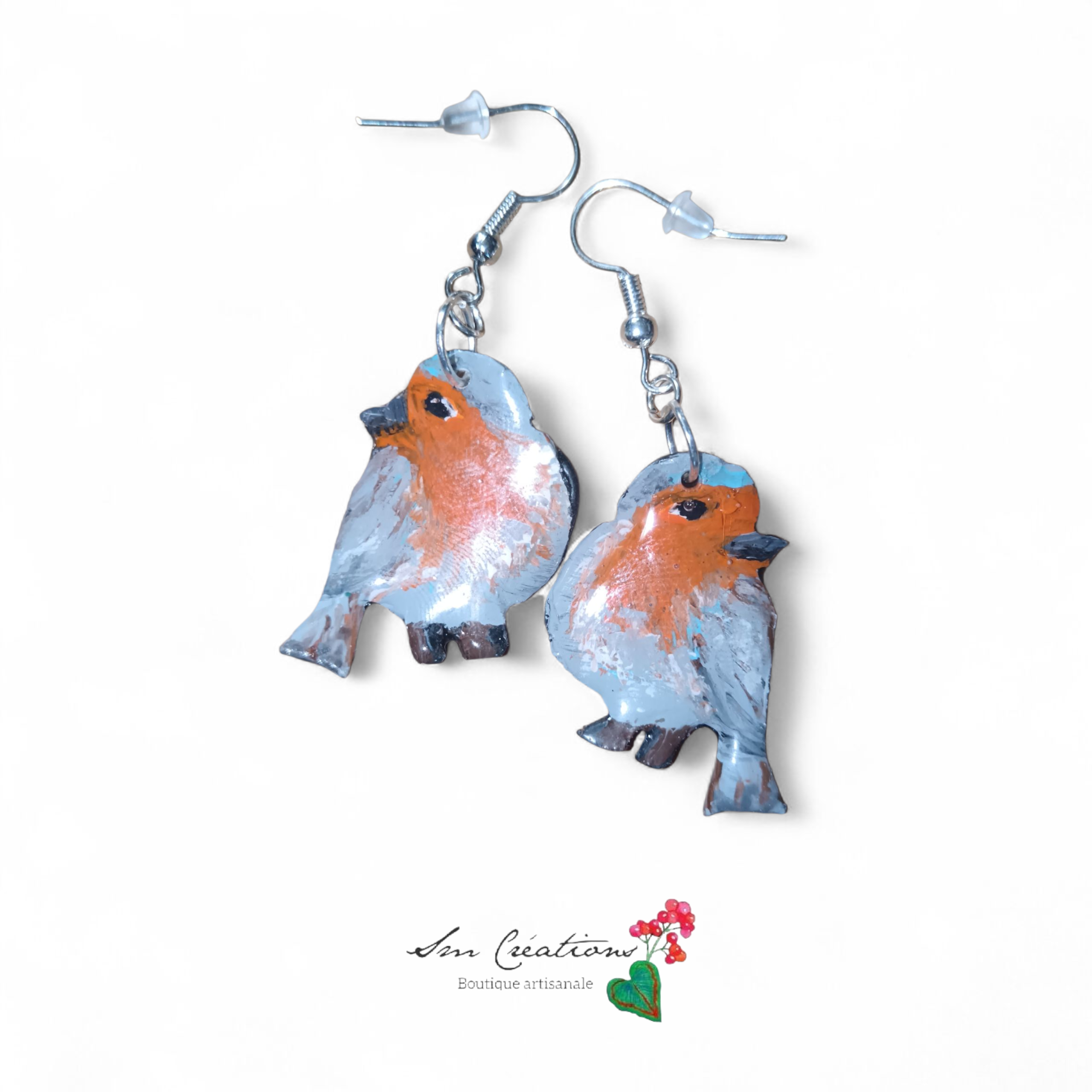Boucle d'oreille artistique |''Rouge gorge'' Jardin Privé| 95% Naturel Fais Main
