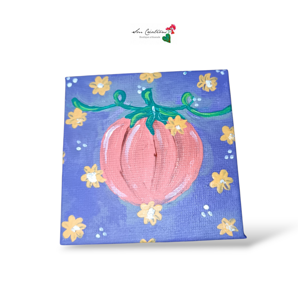 Mini toile ''Citrouille et fleurs jaunes'' Art déco