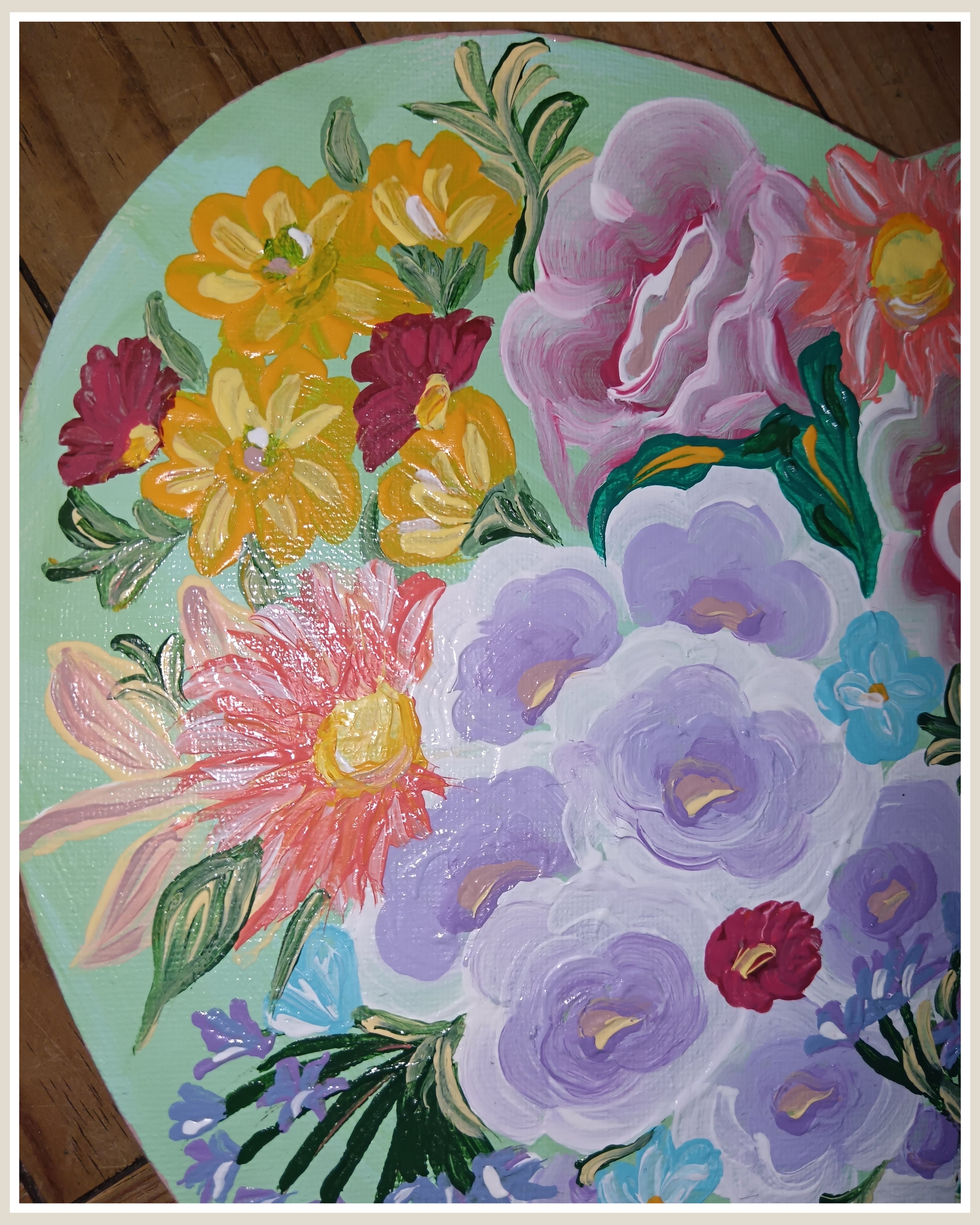 Tableau cœur floral peint à la main – Décoration murale romantique – Art bohème fleurs pastel – Cadeau unique Nature Lover "Garden  Green'' signé Sm