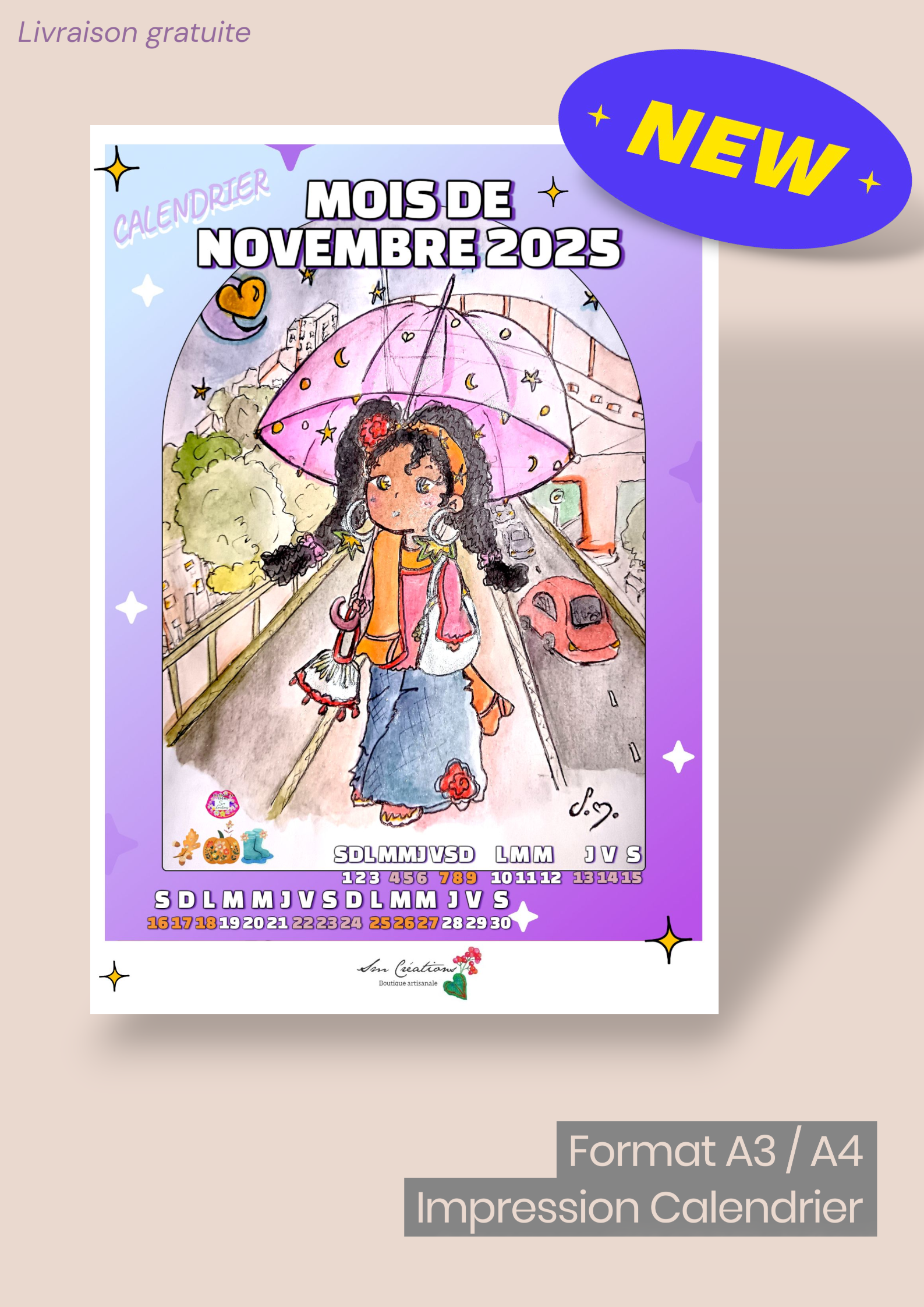 Impression Calendrier du mois de Novembre |Illustration signée SM | Année 2025