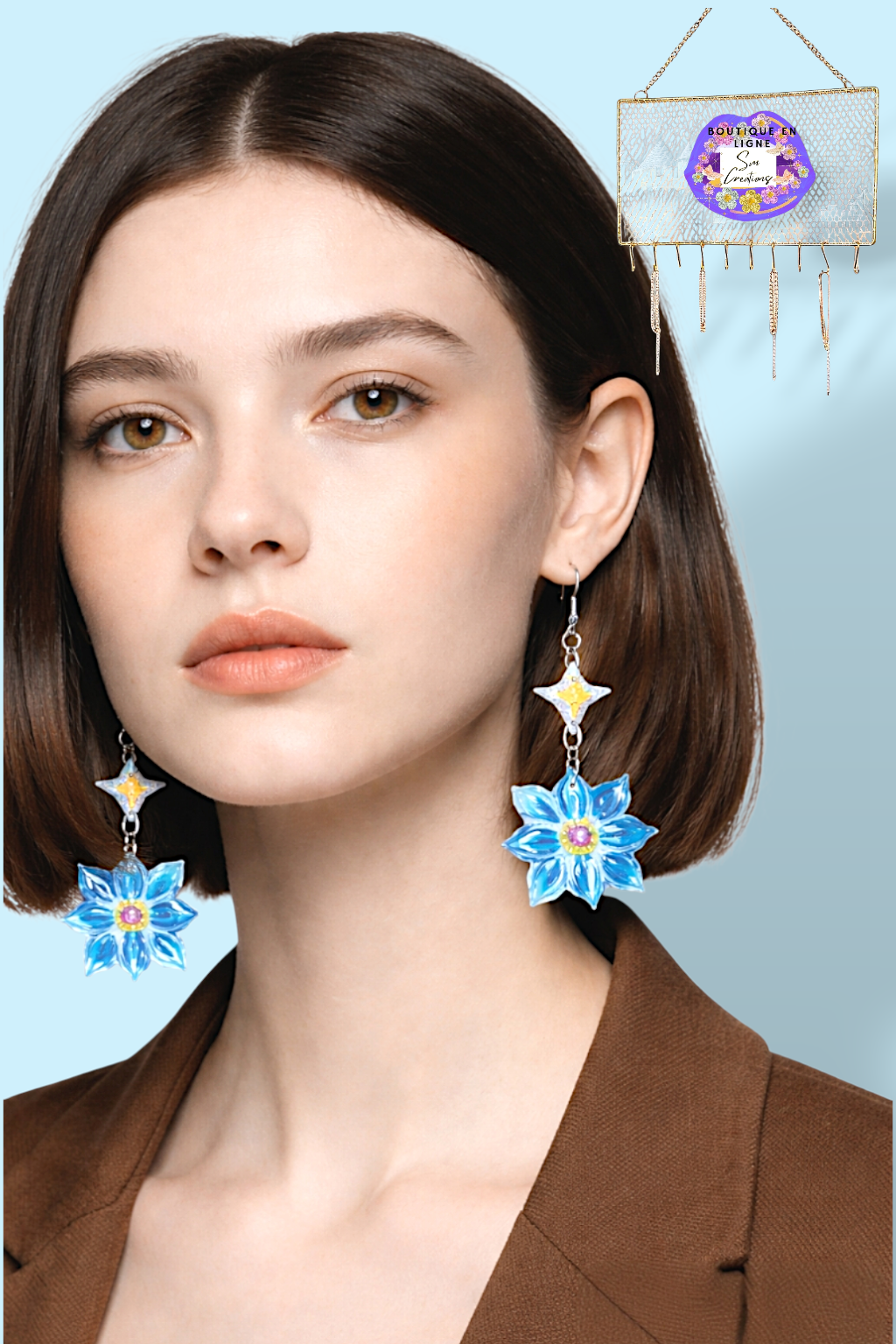 Boucle d'oreille artistique |''Fleurs Bleues'' Flowers Pop| 95% Naturel Fais Main