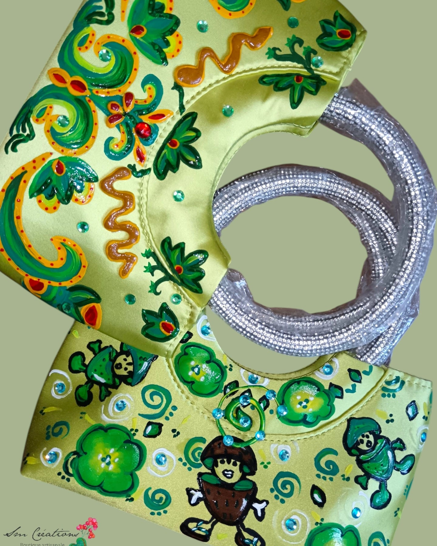 Sac à main Design Inédit ''Handmade with paint'' Coloris vert acidulé/ écarlate