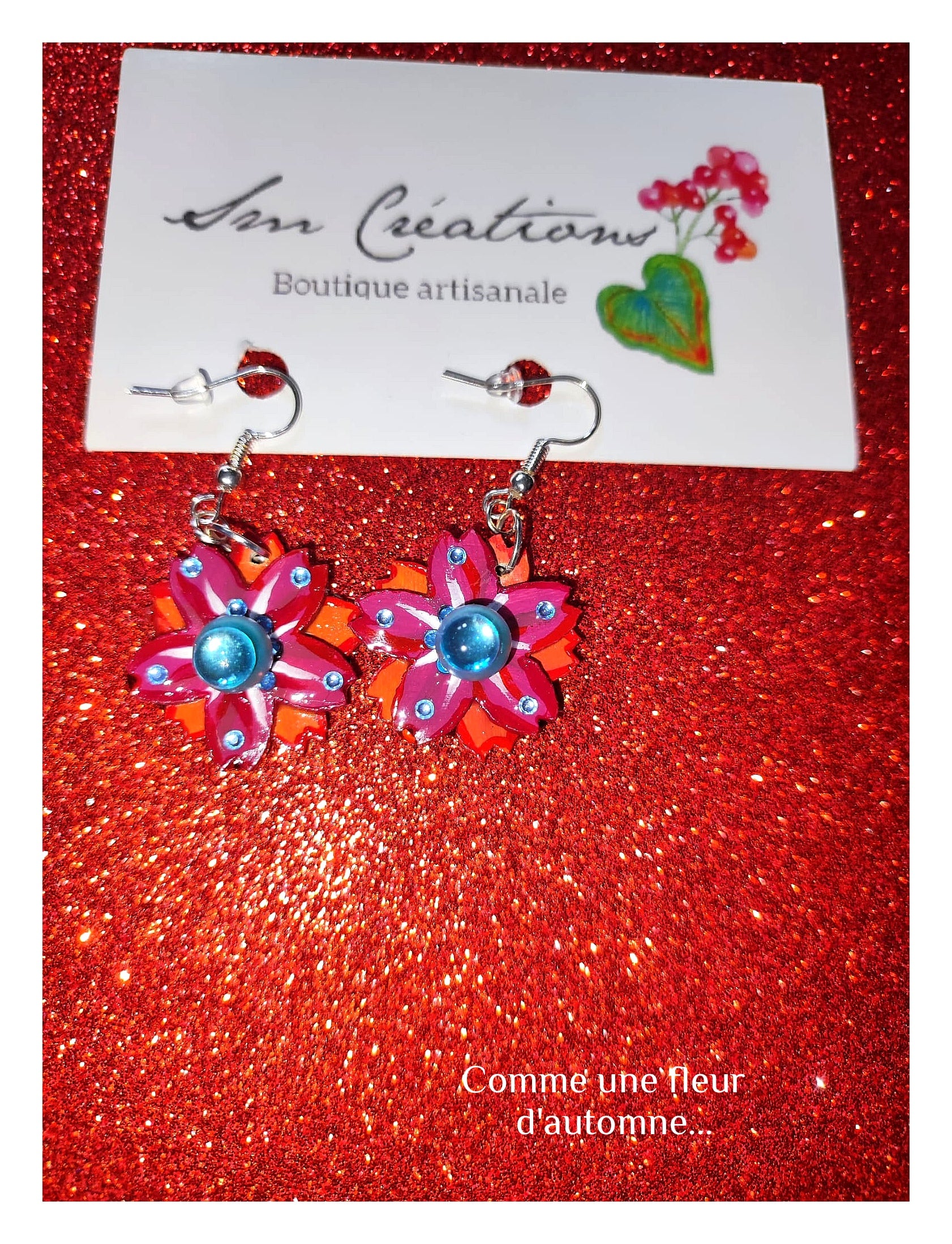 Boucle d'oreille Arte en fleurs orange et bleu| 95% naturel type Bohème Chic