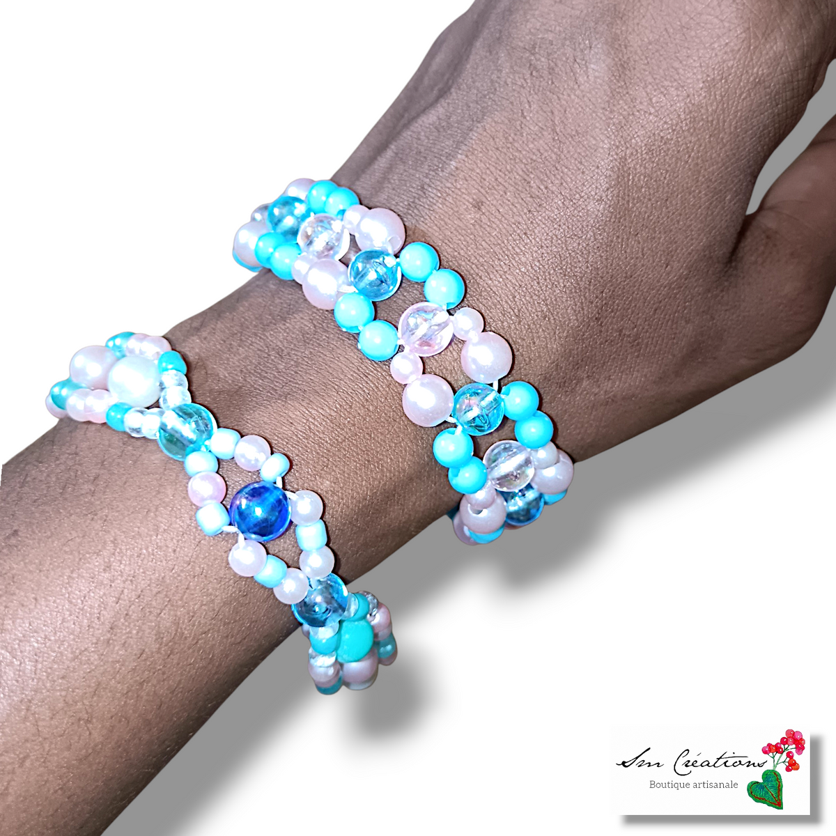 Bracelet bohème chic - Coloris Bleu/ Rose irisé