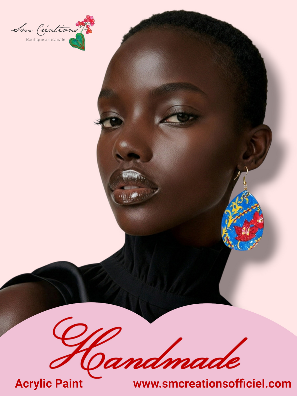 Boucle d'oreille artistique |''Goutte de fleur sur fond bleu''| 95% Naturel Fais Main - Bohème chic