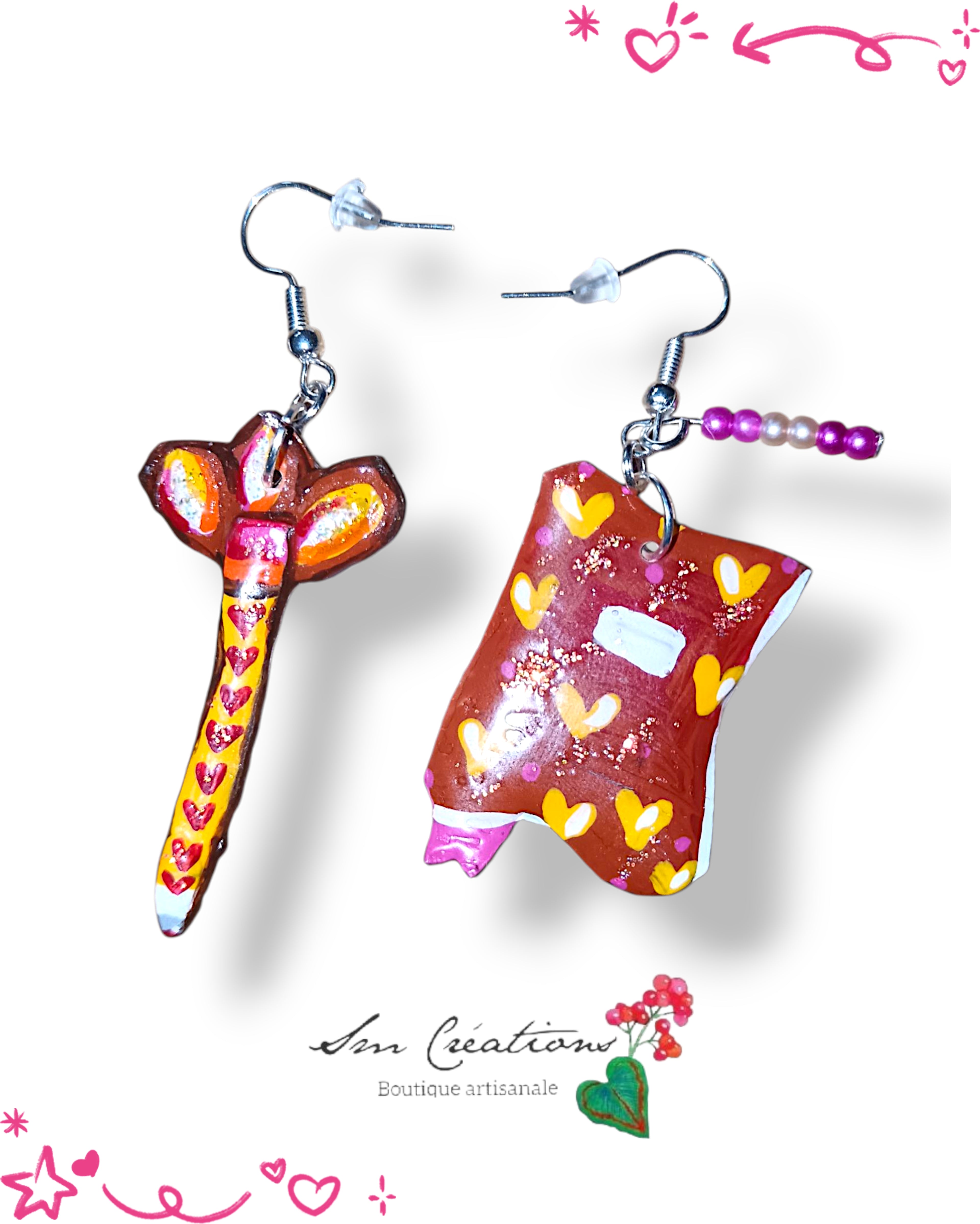 Boucle d'oreille artistique |''Journal et crayon assortis''| 95% Naturel Fais Main
