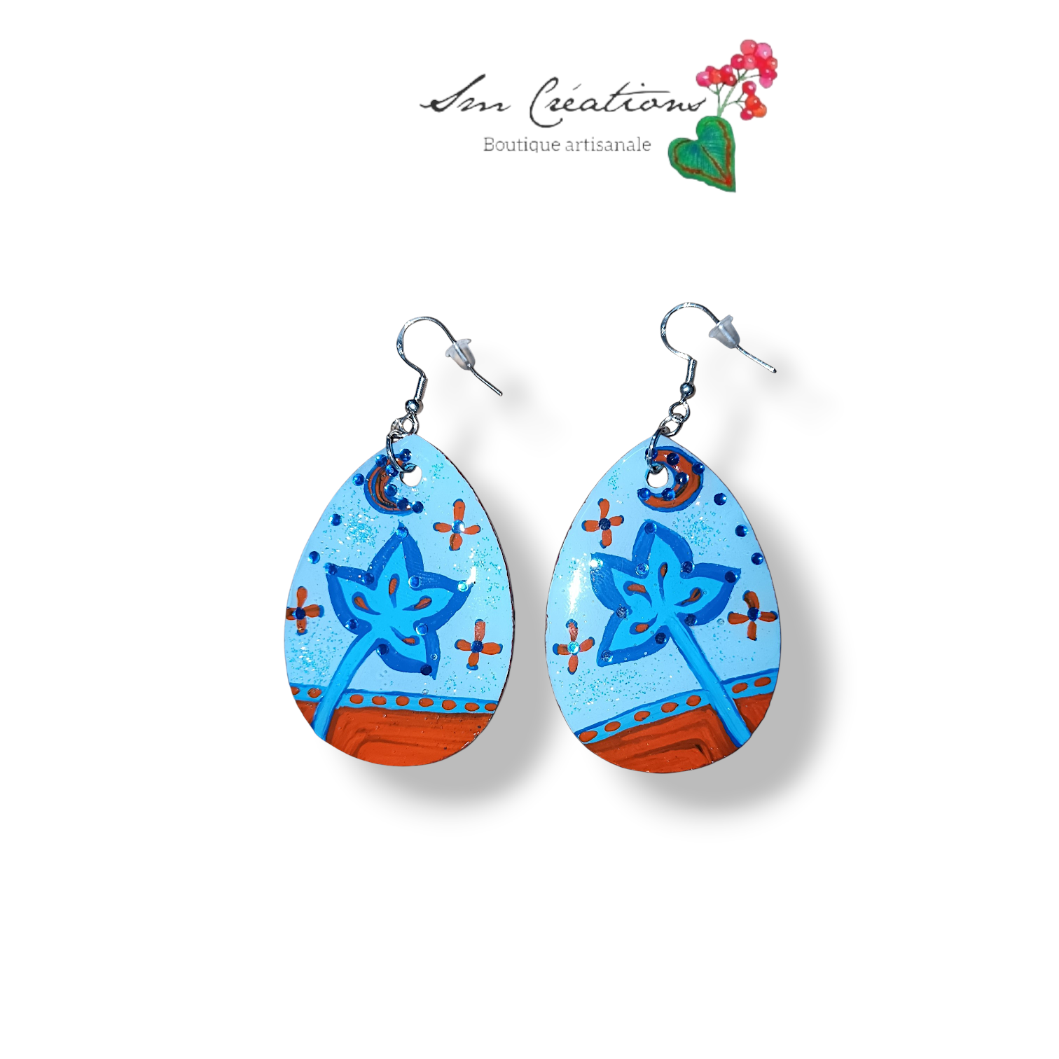 Boucle d'oreille artistique |''Orange et Bleu''| 95% Naturel Fais Main