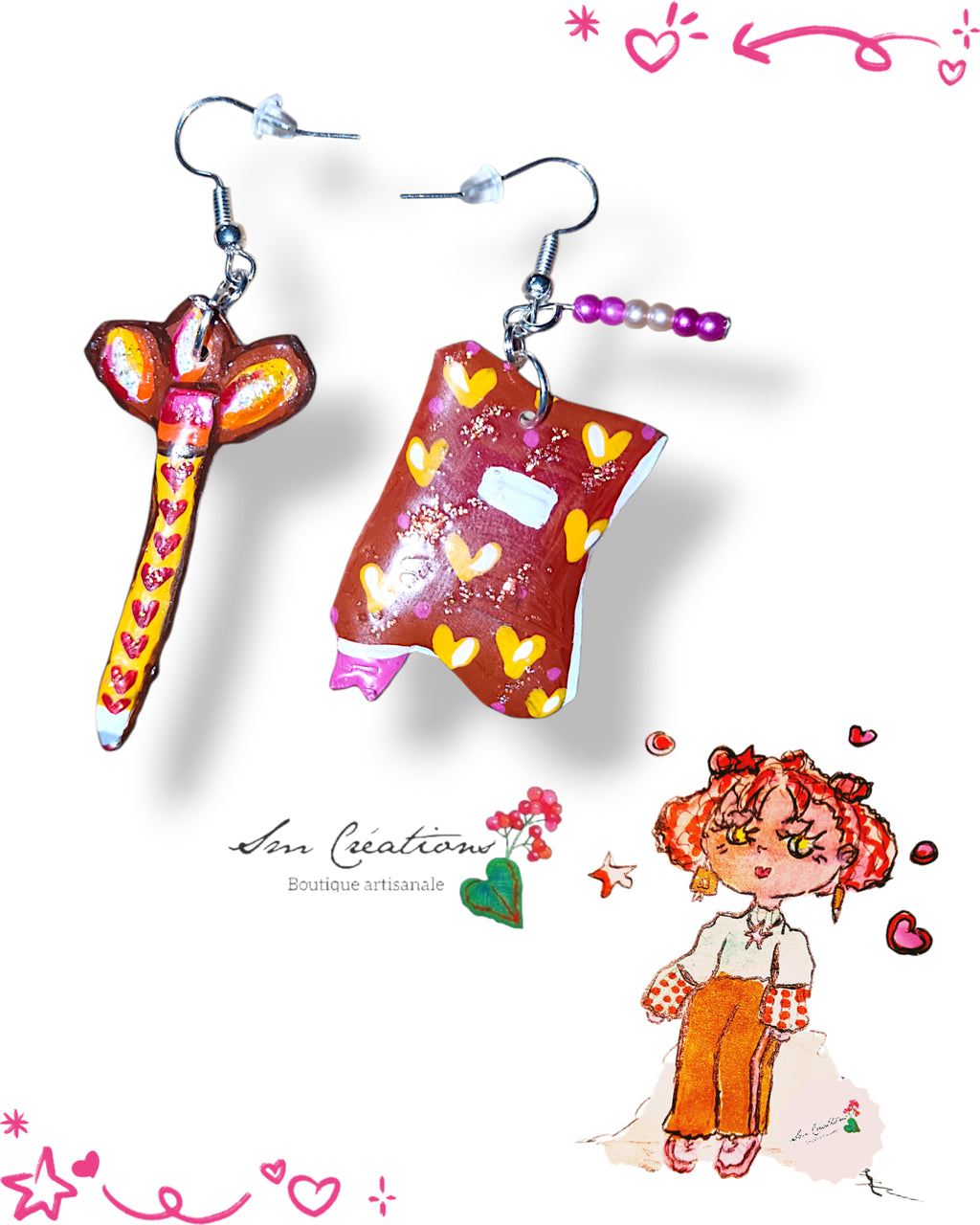 Boucle d'oreille artistique |''Journal et crayon assortis''| 95% Naturel Fais Main