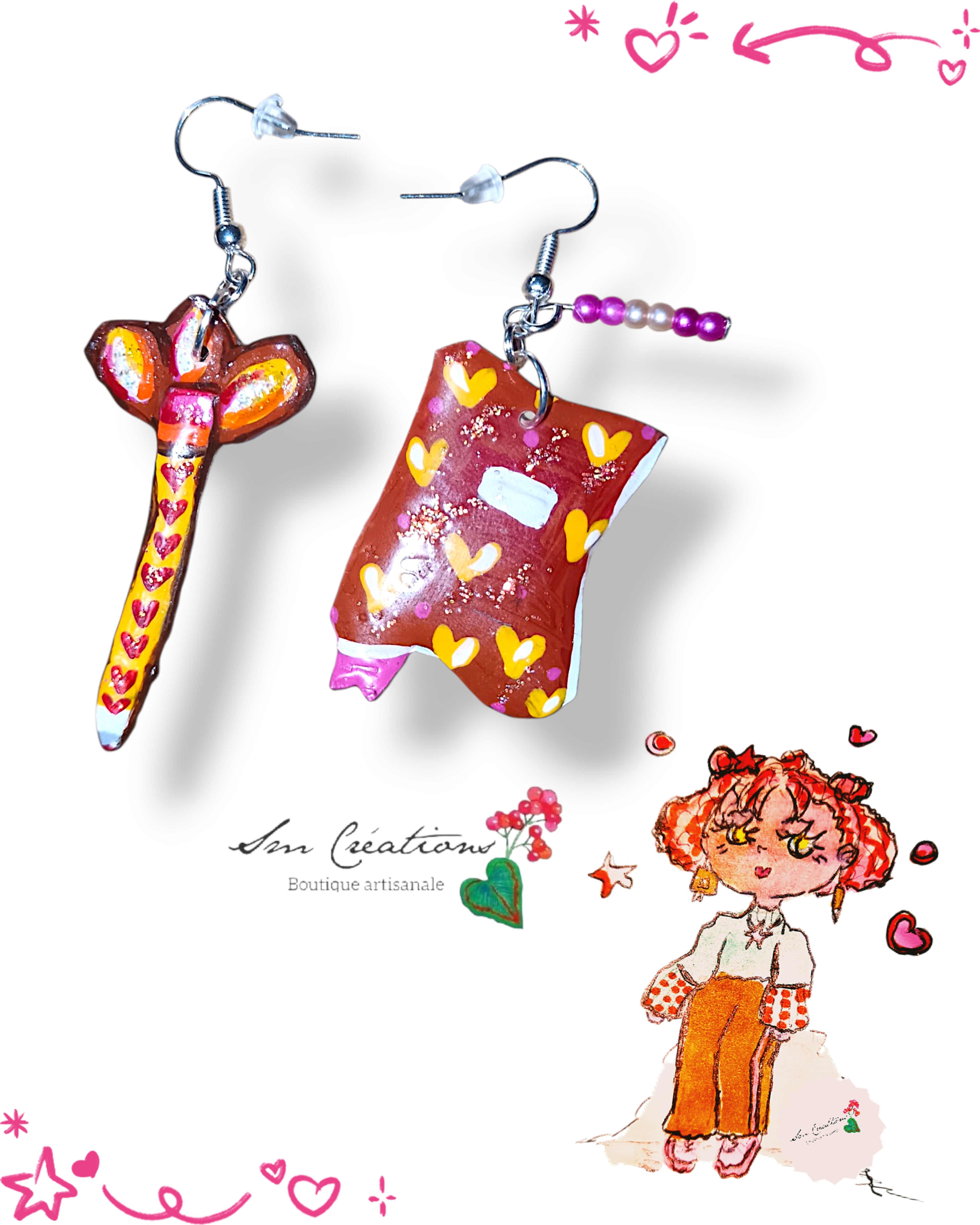 Boucle d'oreille artistique |''Journal et crayon assortis''| 95% Naturel Fais Main
