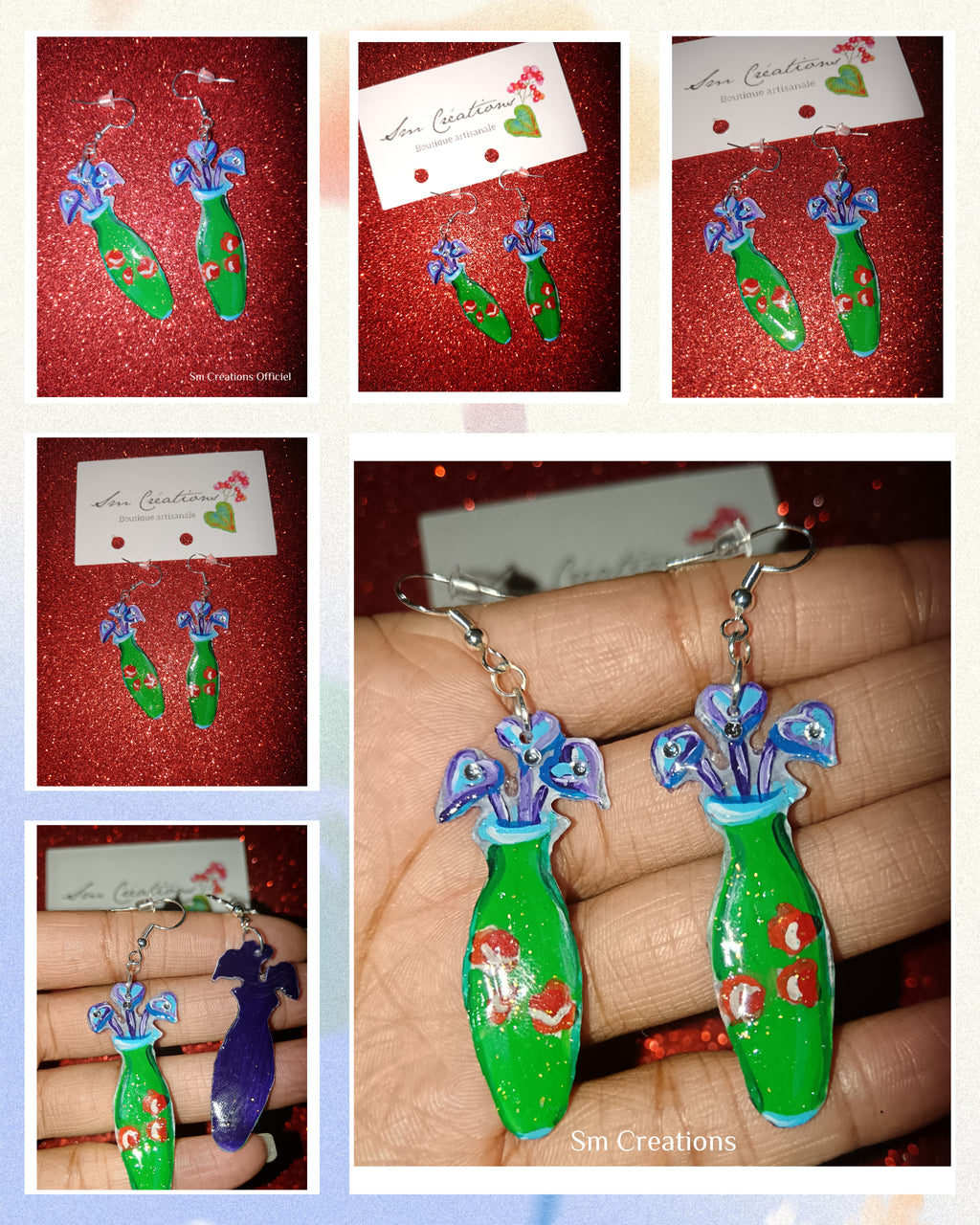 Boucle d'oreille artistique |''Feuillage violine en vase'' Flowers Pop| 95% Naturel Fais Main