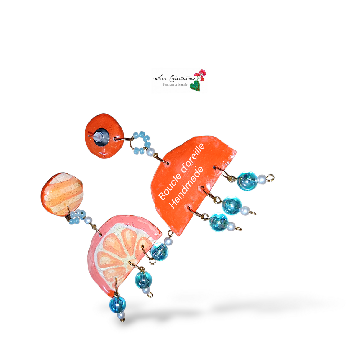Boucle d'oreille pendante ''Orange bleu'' Fais main