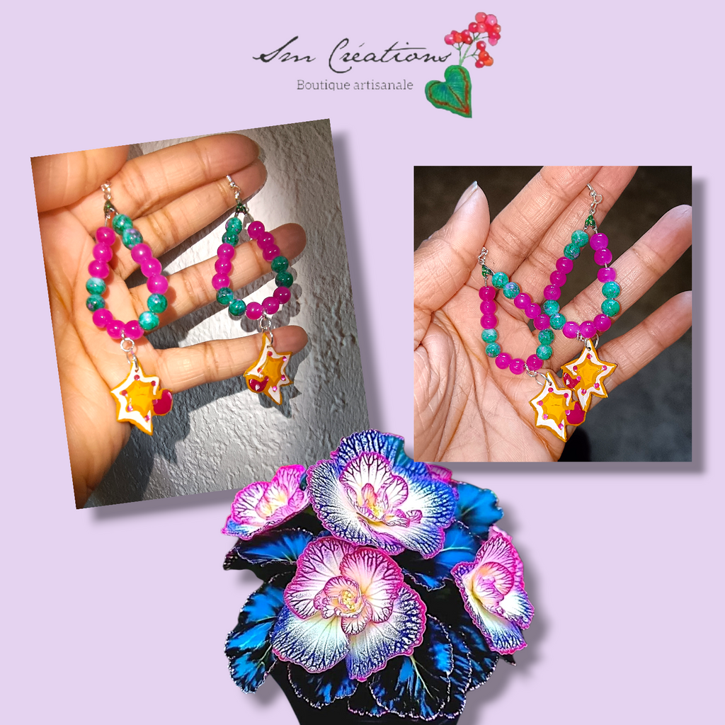 Boucle d'oreille artistique |''Etoile et petit coeur''| 95% Naturel Fais Main