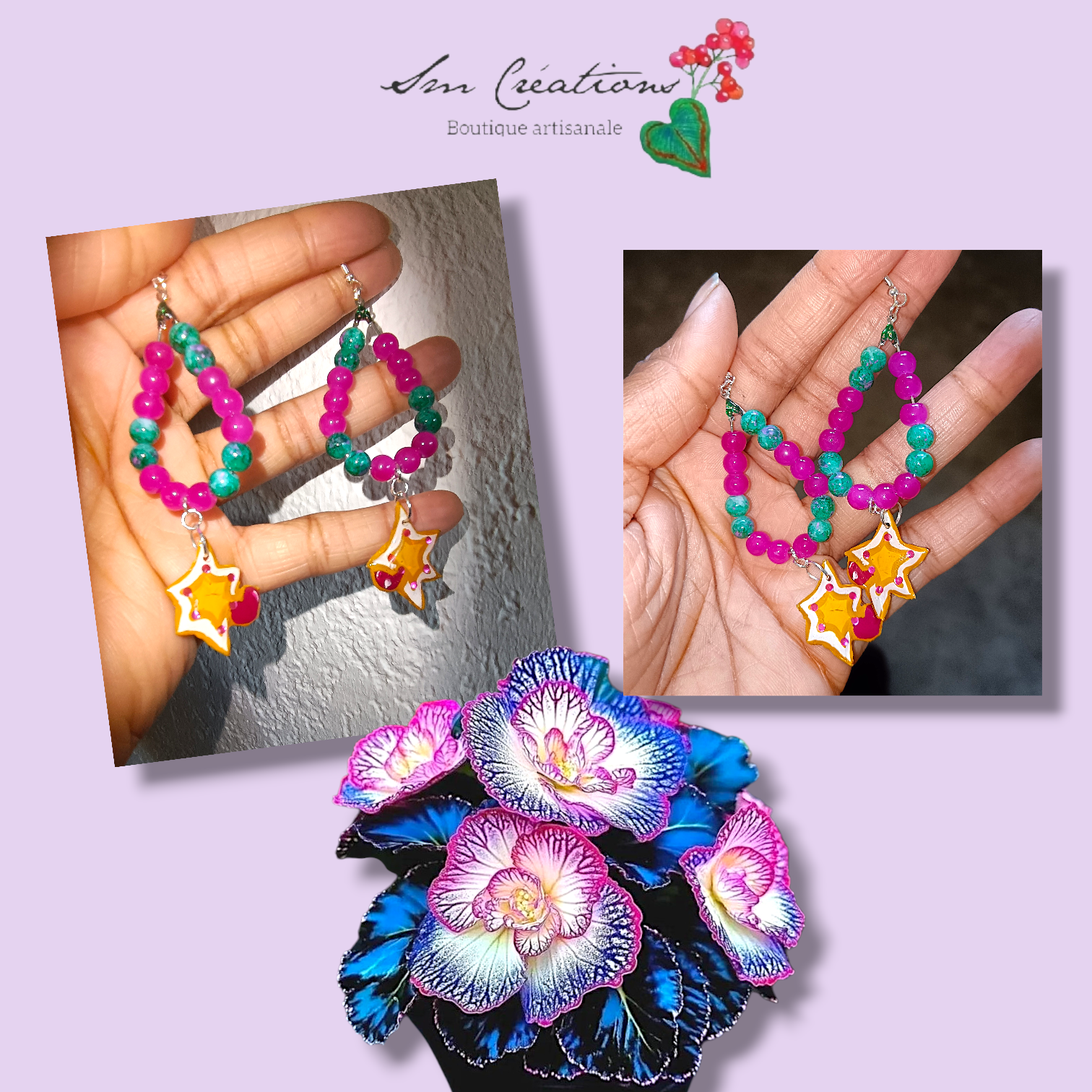 Boucle d'oreille artistique |''Etoile et petit coeur''| 95% Naturel Fais Main