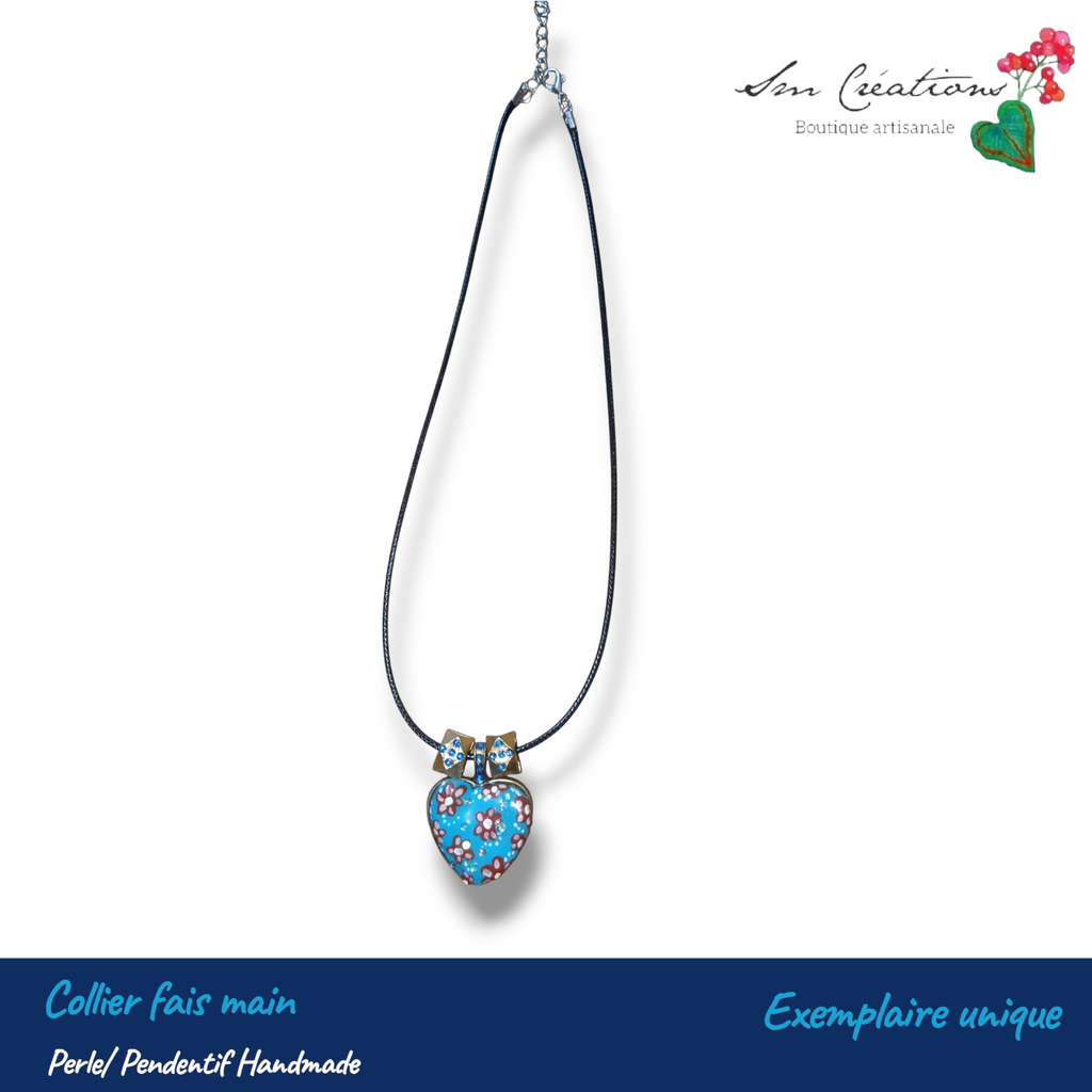 Collier coeur artisanal - Bleu et Marron - Exemplaire unique