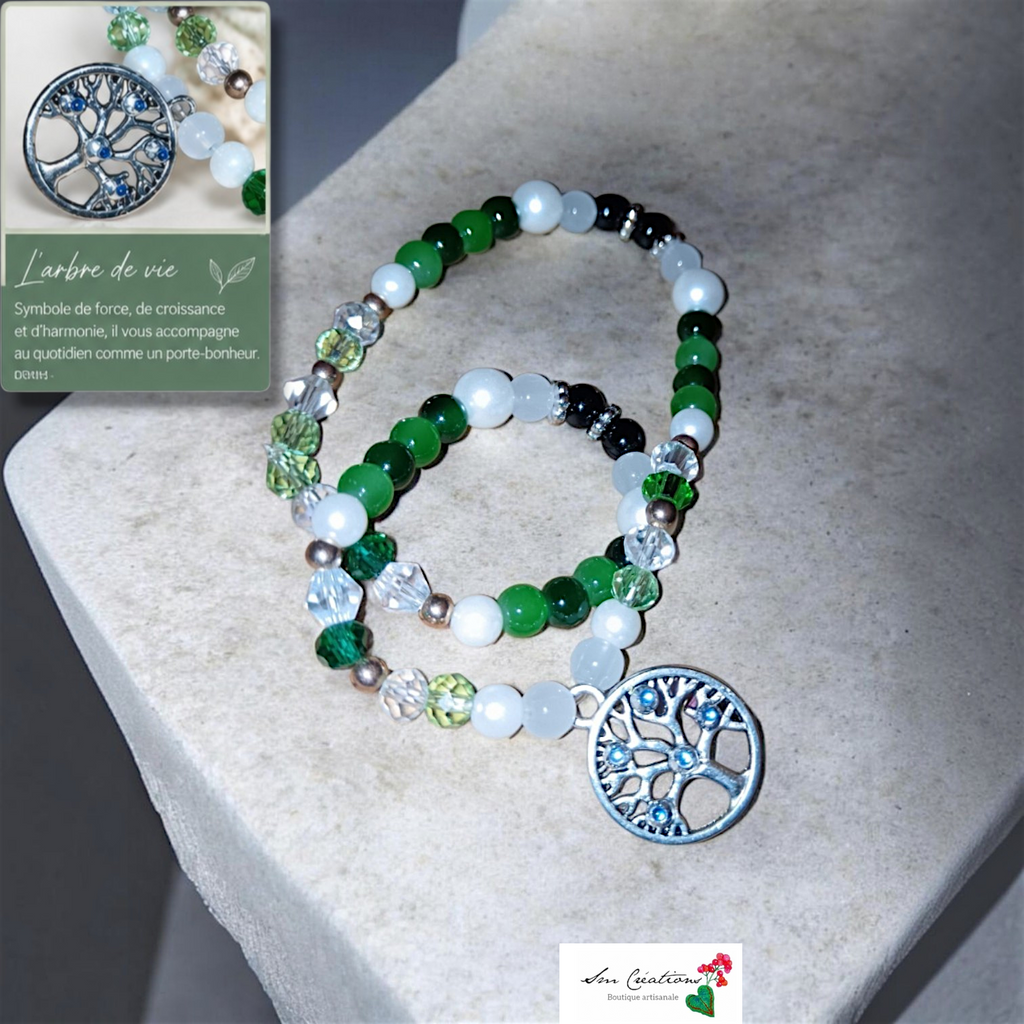 Bracelet XL Double tour - Coloris vert anis/ Détail Arbre de vie - Fais main