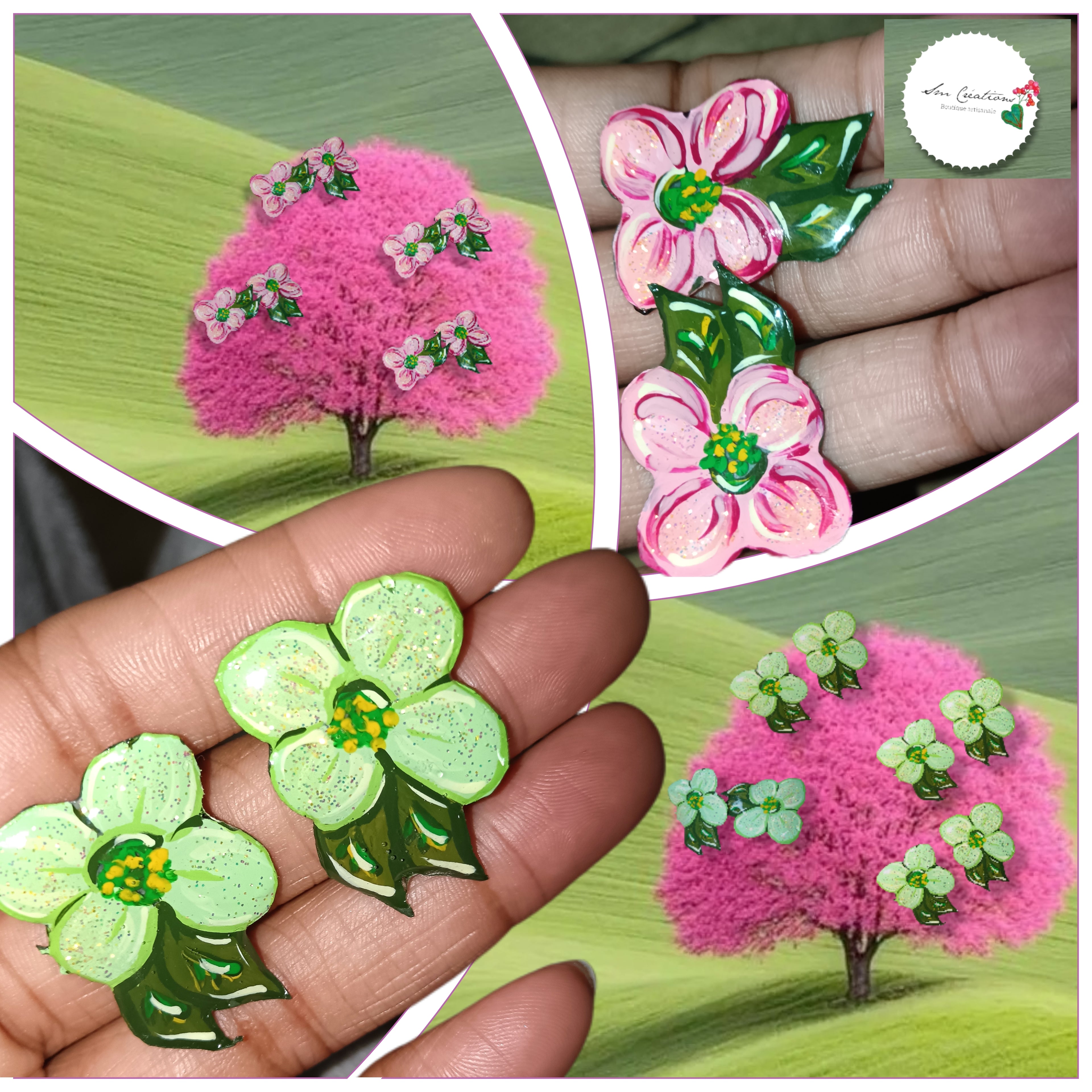 Boucle d'oreille artistique |''Flowers Pin's''| 95% Naturel Fais Main - Arte chic / Coloris Vert