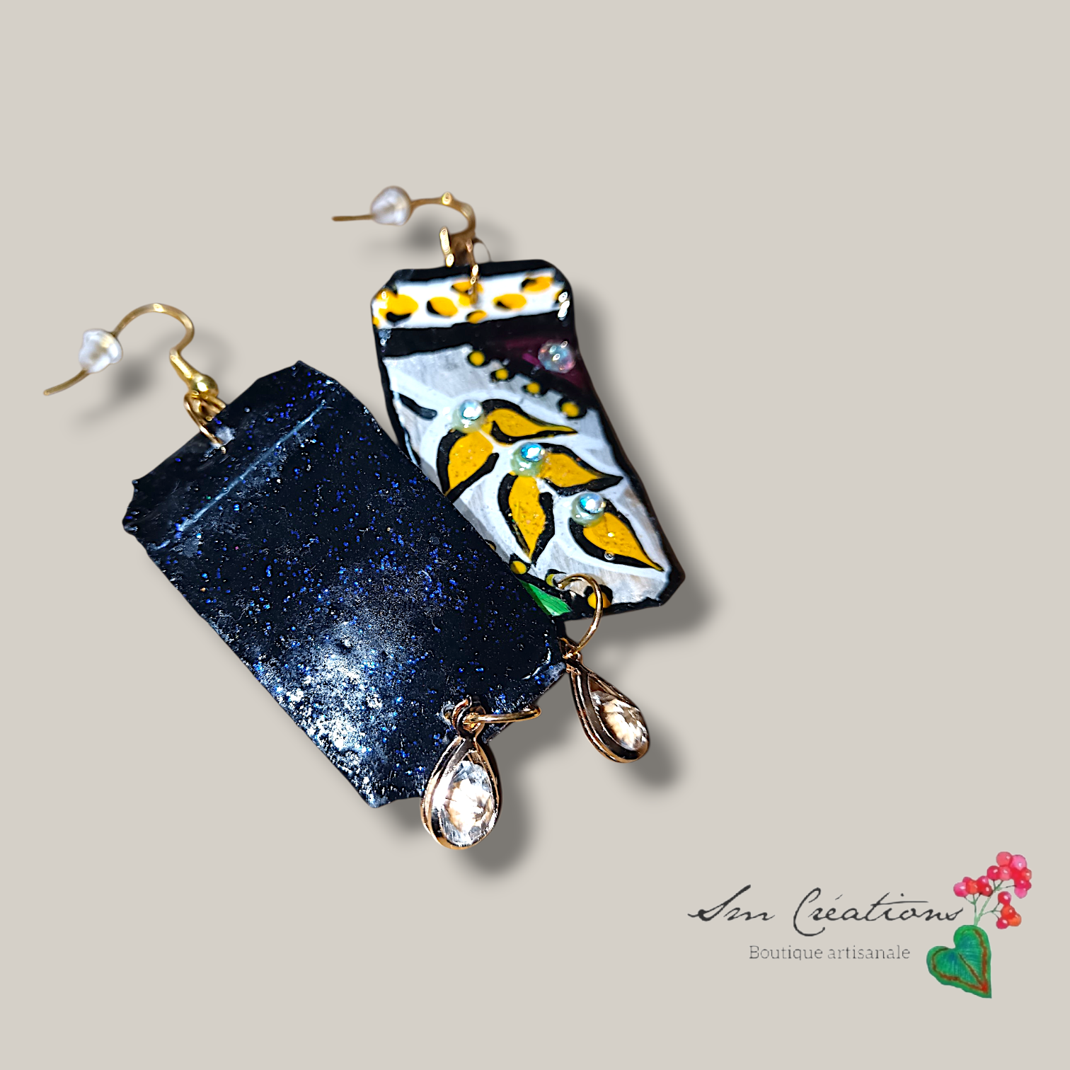 Boucle d'oreille artistique |''Balade Nocturne ''| 95% Naturel Fais Main - Arte chic