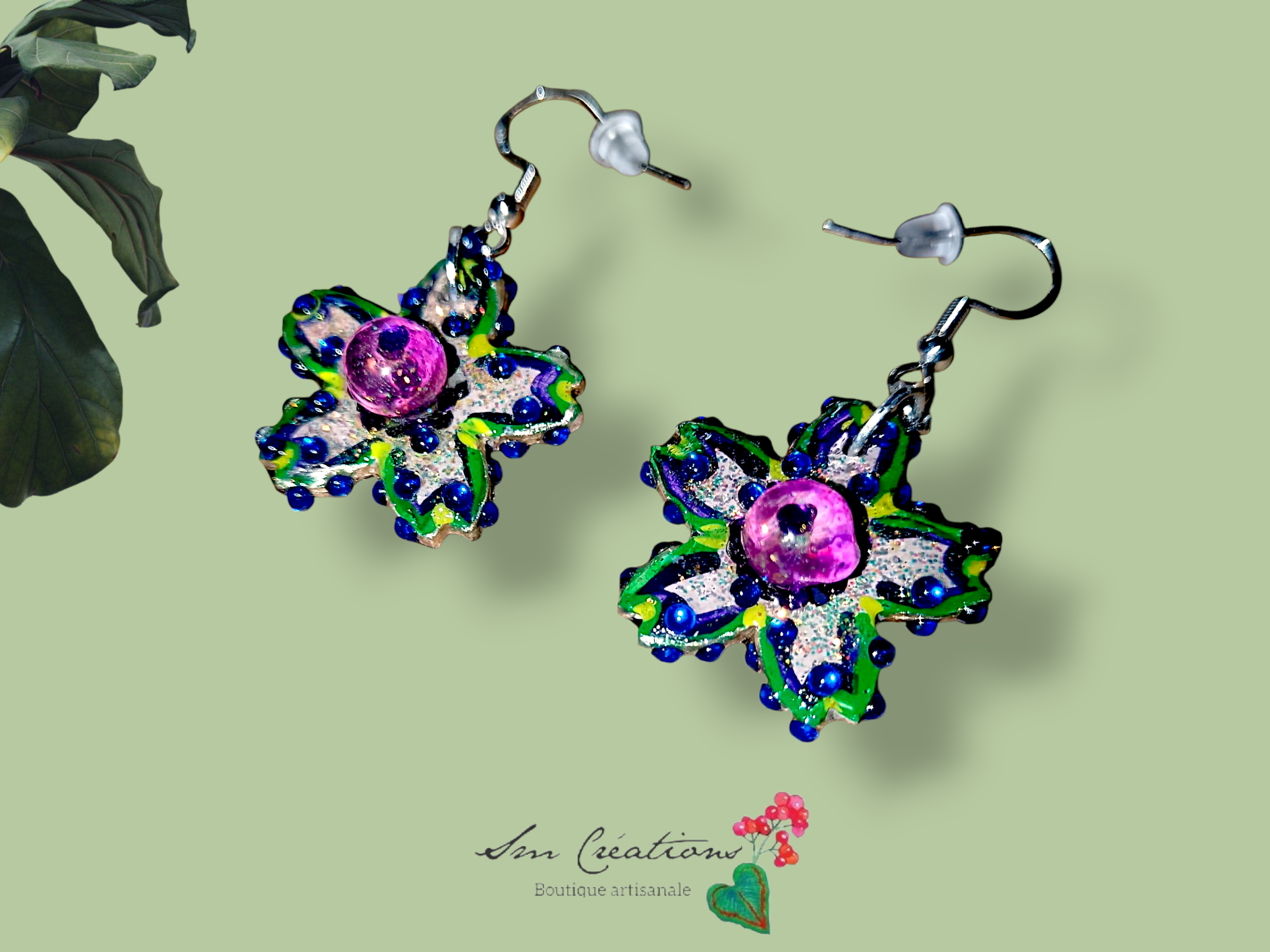Boucle d'oreille artistique |''Fleurs galactique'' Flowers Pop| 95% Naturel Fais Main