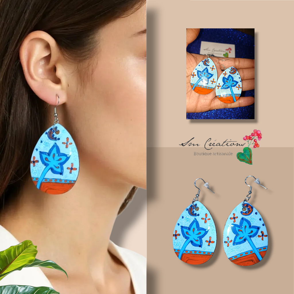 Boucle d'oreille artistique |''Orange et Bleu''| 95% Naturel Fais Main