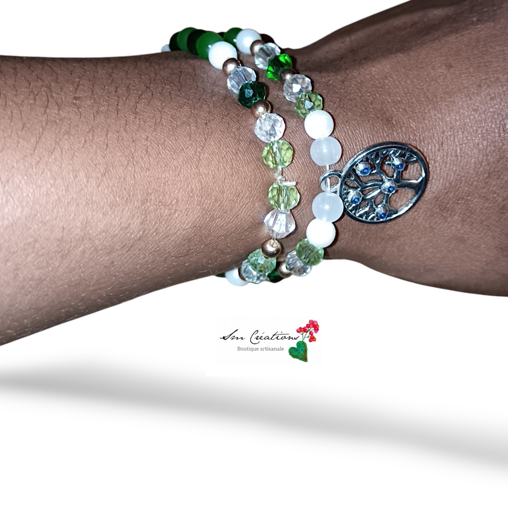 Bracelet XL Double tour - Coloris vert anis/ Détail Arbre de vie - Fais main