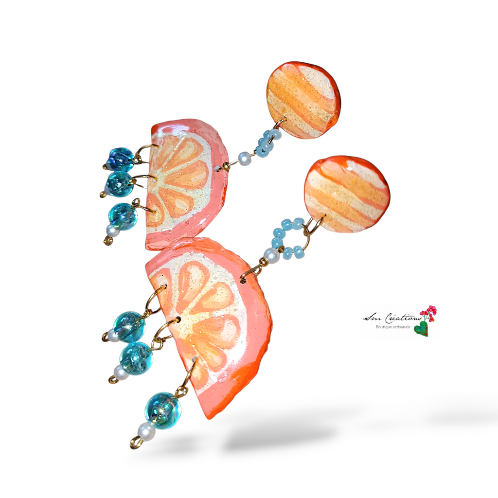 Boucle d'oreille pendante ''Orange bleu'' Fais main