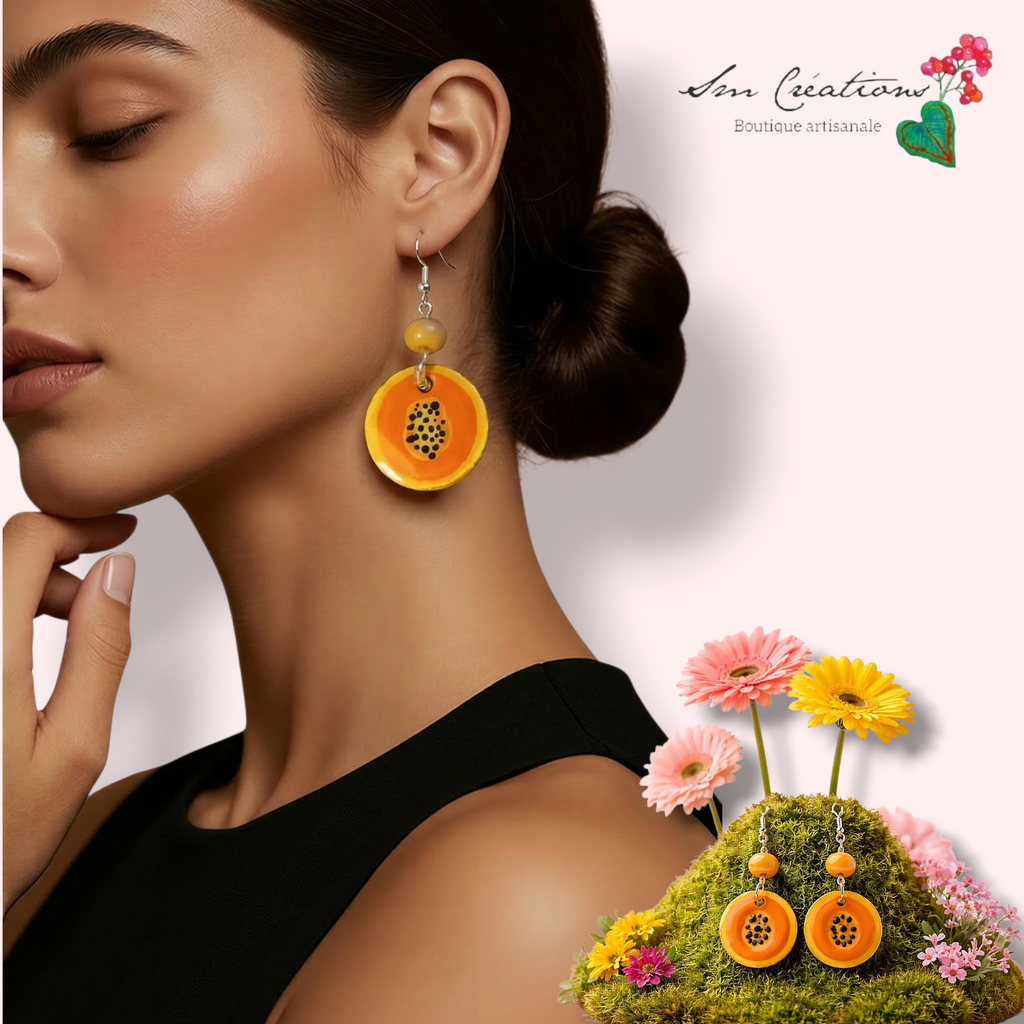 Boucle d'oreille artistique |''Papaya ''| 95% Naturel Fais Main