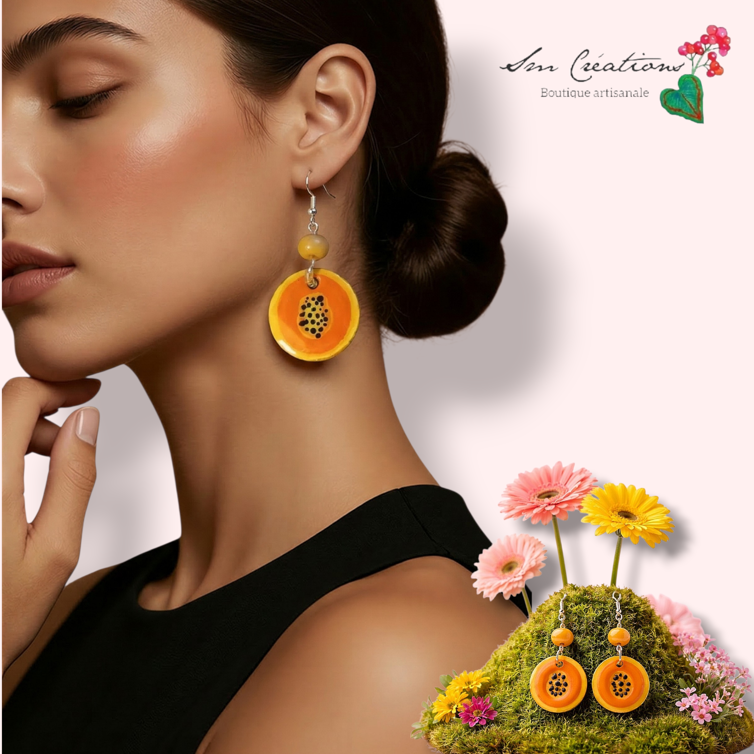 Boucle d'oreille artistique |''Papaya ''| 95% Naturel Fais Main
