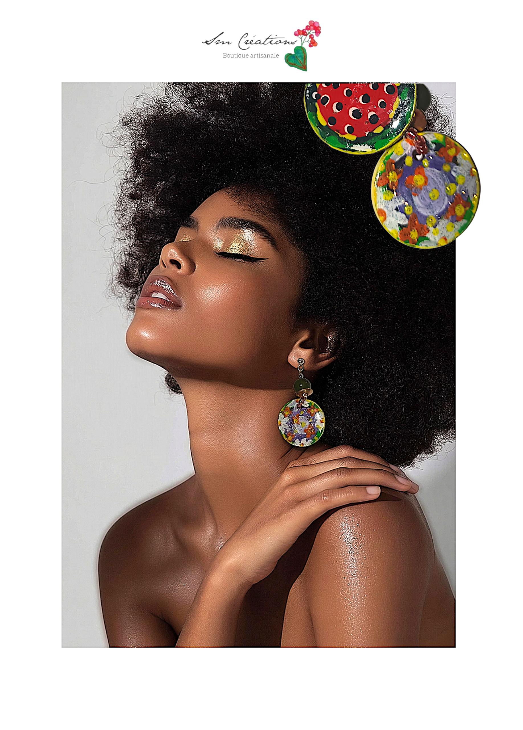 Boucle d'oreille artistique |''Pastèque et papier peint ''| 95% Naturel Fais Main