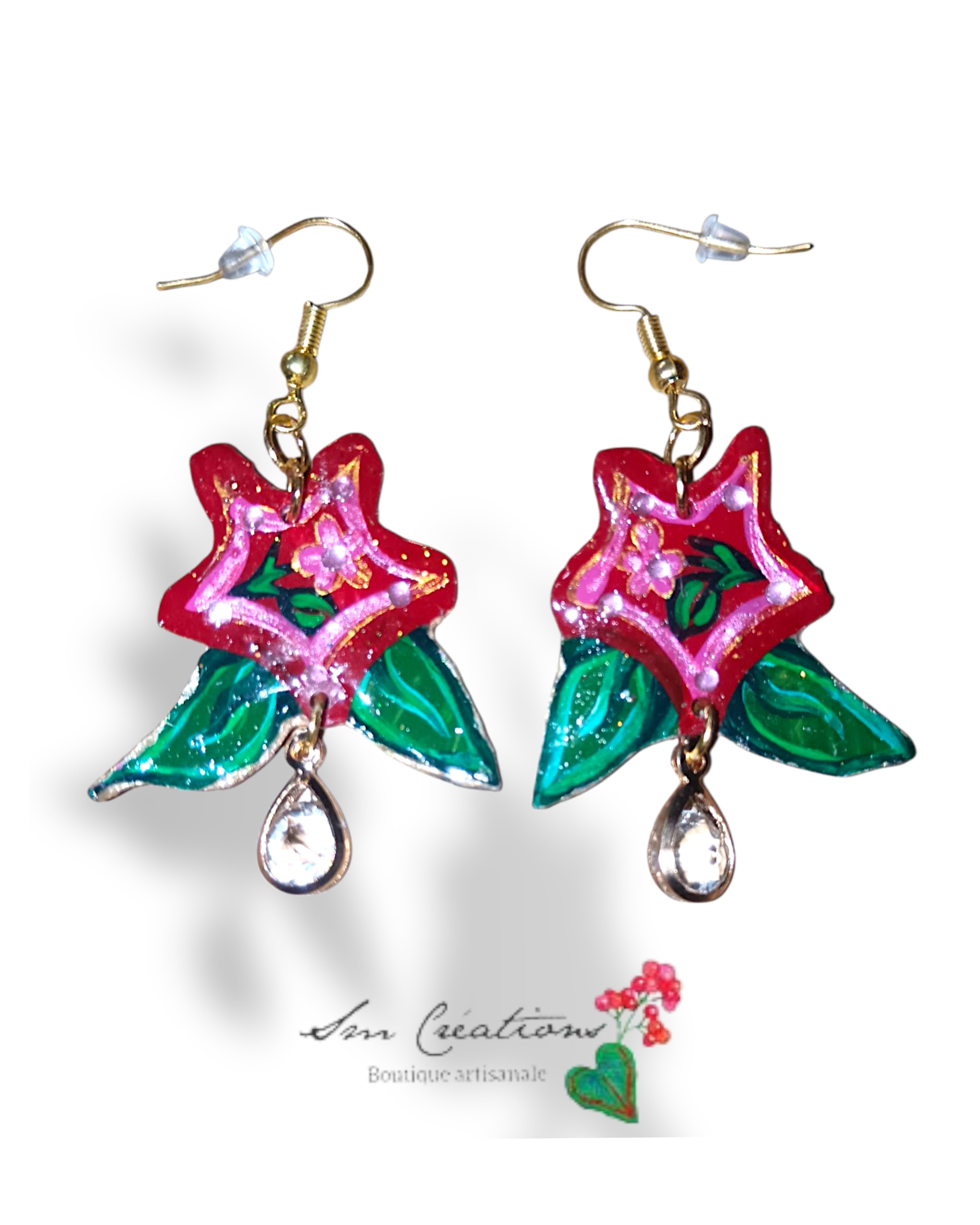 Boucle d'oreille artistique |''Fleurs rouge de saison'' Flowers Pop| 95% Naturel Fais Main
