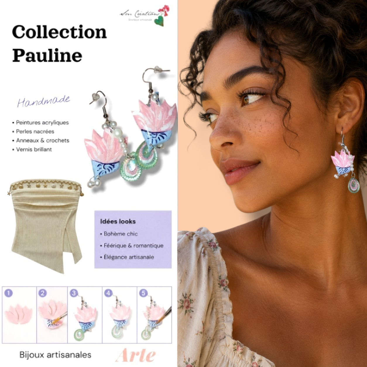 Boucle d'oreille artistique |''Lotus 💜 ''| 95% Naturel Fais Main - Arte chic
