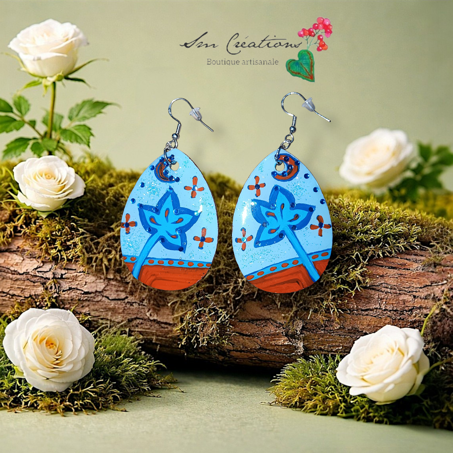Boucle d'oreille artistique |''Orange et Bleu''| 95% Naturel Fais Main
