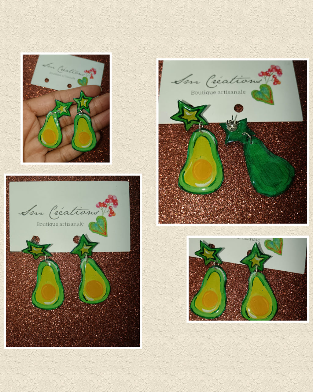 Boucle d'oreille artistique |''Avocado ''| 95% Naturel Fais Main
