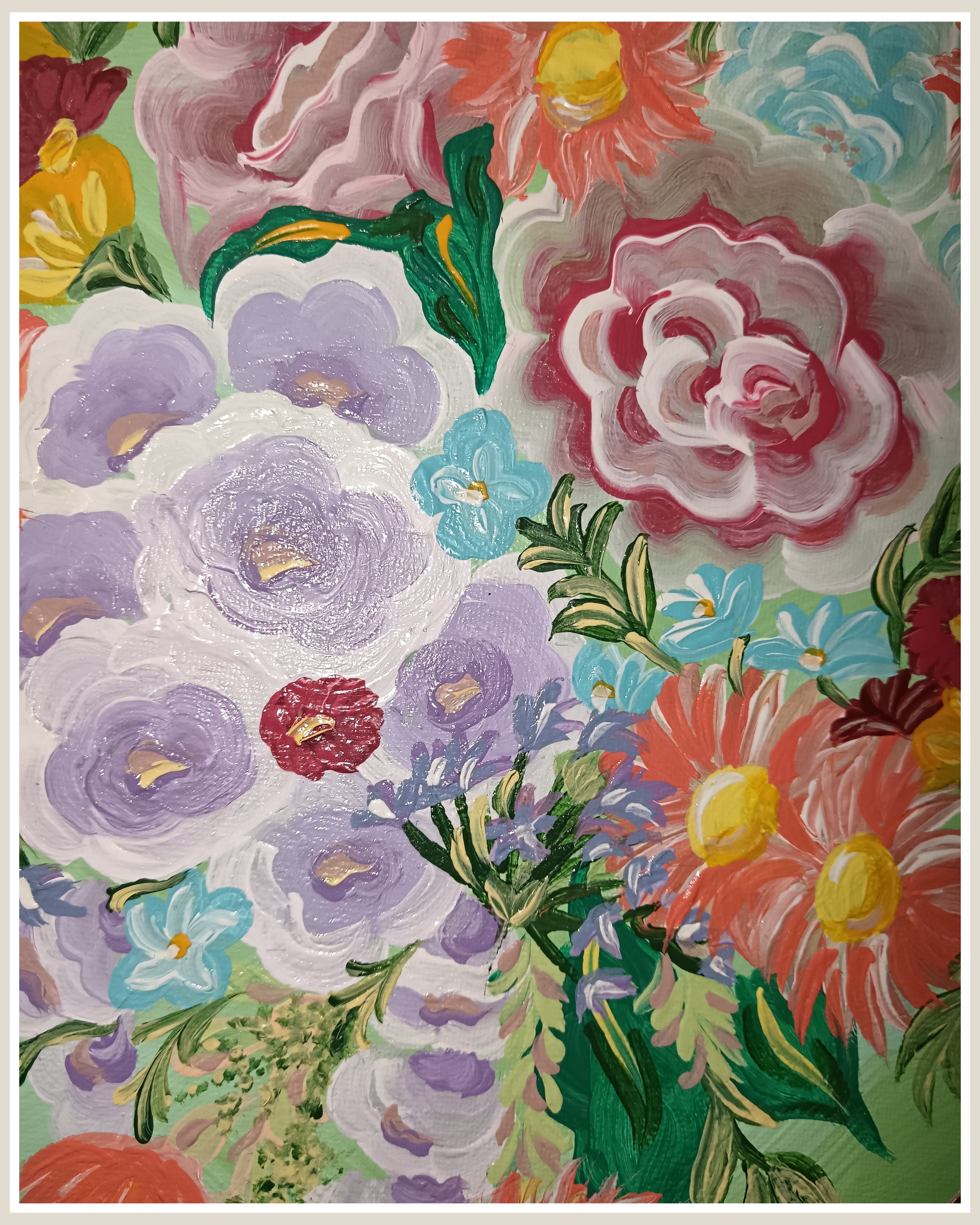 Tableau cœur floral peint à la main – Décoration murale romantique – Art bohème fleurs pastel – Cadeau unique Nature Lover "Garden  Green'' signé Sm