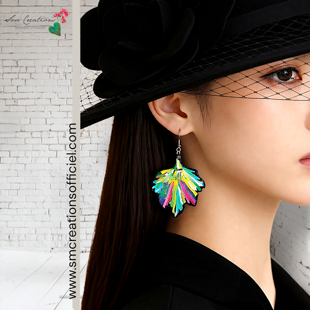 Boucle d'oreille artistique |''Feuilles colorées'' Color Pop| 95% Naturel Fais Main