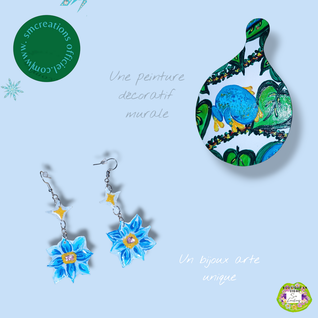 Boucle d'oreille artistique |''Fleurs Bleues'' Flowers Pop| 95% Naturel Fais Main