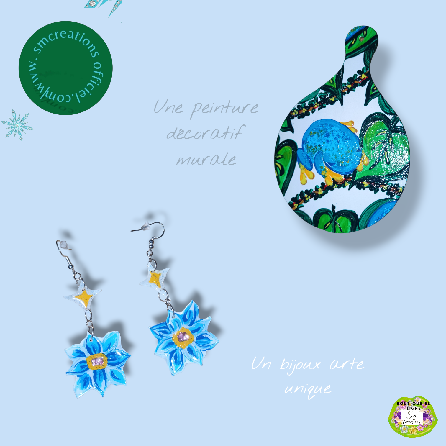 Boucle d'oreille artistique |''Fleurs Bleues'' Flowers Pop| 95% Naturel Fais Main