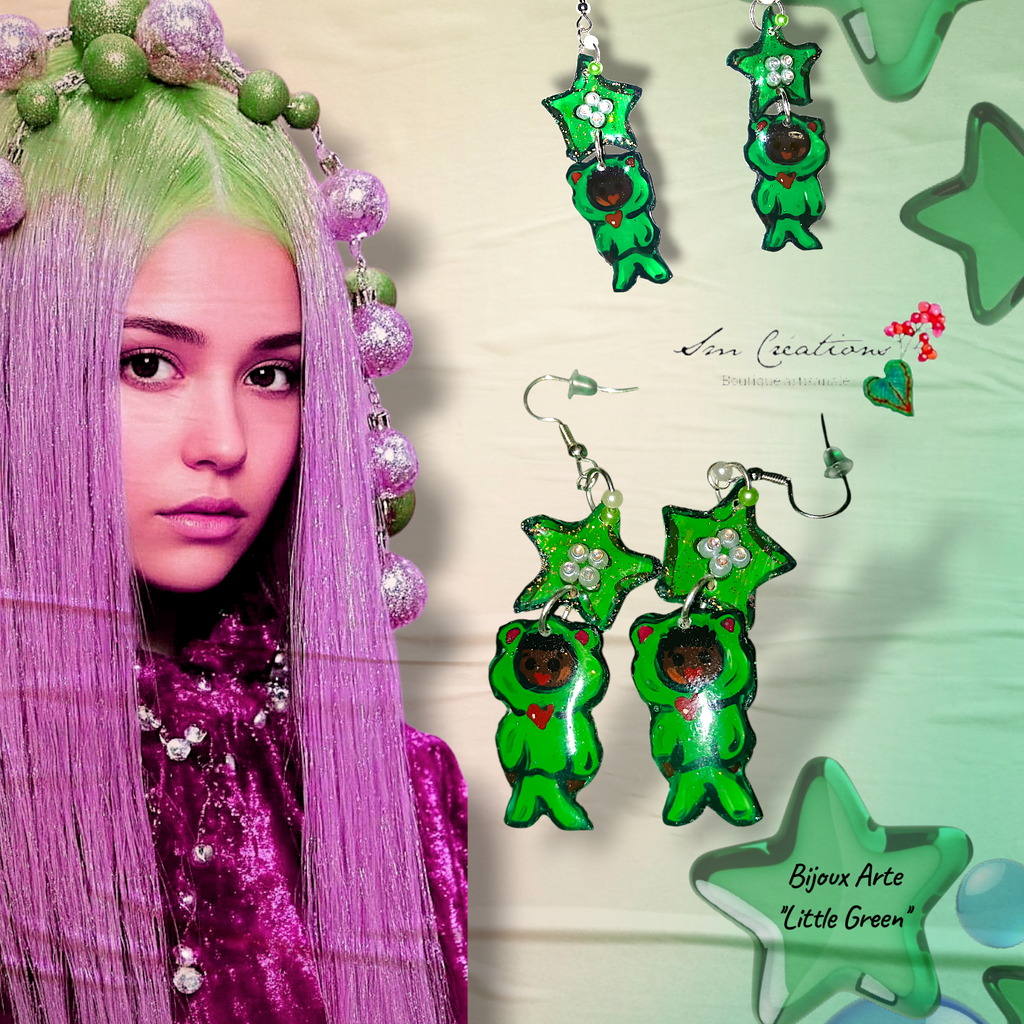 Boucle d'oreille artistique |''Little green ''| 95% Naturel Fais Main