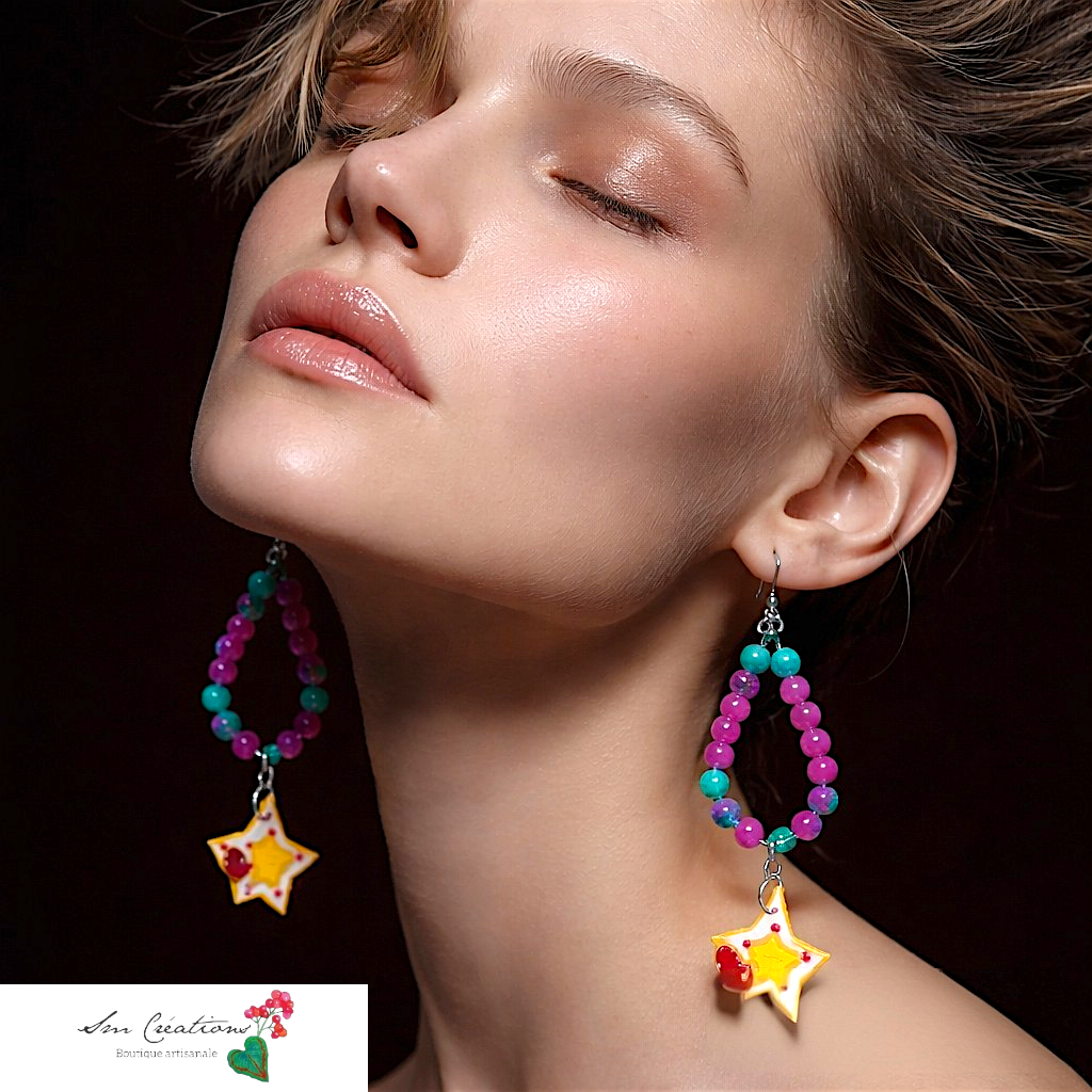 Boucle d'oreille artistique |''Etoile et petit coeur''| 95% Naturel Fais Main