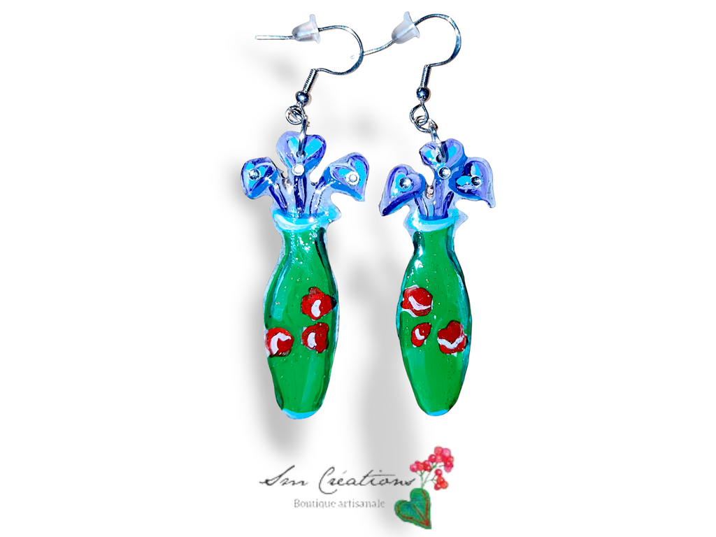 Boucle d'oreille artistique |''Feuillage violine en vase'' Flowers Pop| 95% Naturel Fais Main