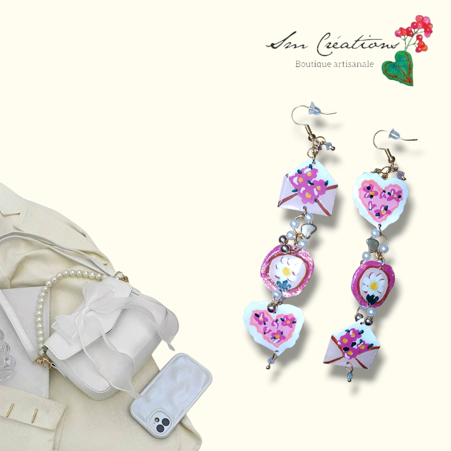 Boucle d'oreille artistique |''Message 💖 ''| 95% Naturel Fais Main - Arte chic