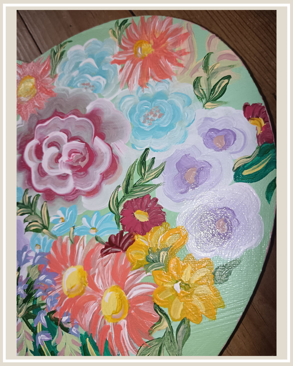 Tableau cœur floral peint à la main – Décoration murale romantique – Art bohème fleurs pastel – Cadeau unique Nature Lover "Garden  Green'' signé Sm
