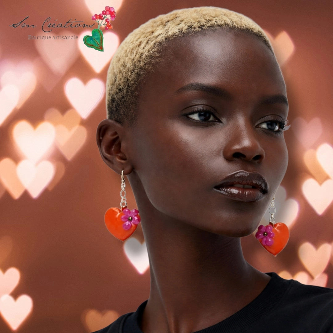 Boucle d'oreille artistique |''Coeur d'orange'' Color Pop| 95% Naturel Fais Main